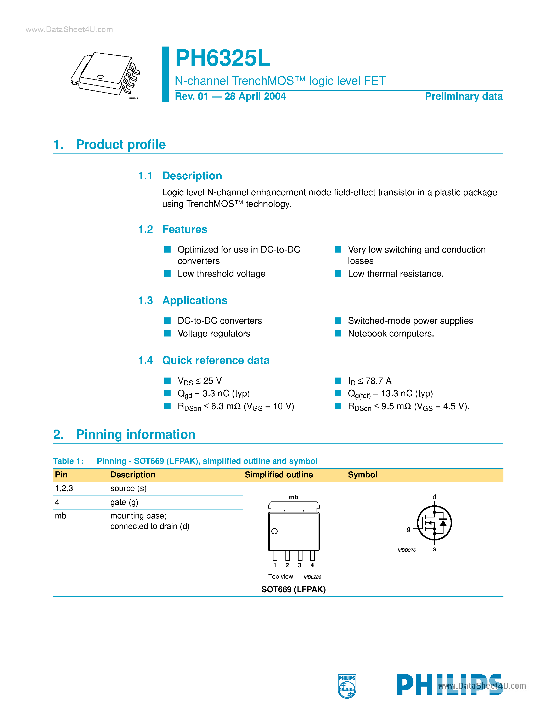 Datasheet PH6325L - N-channel TrenchMOS logic level FET page 1