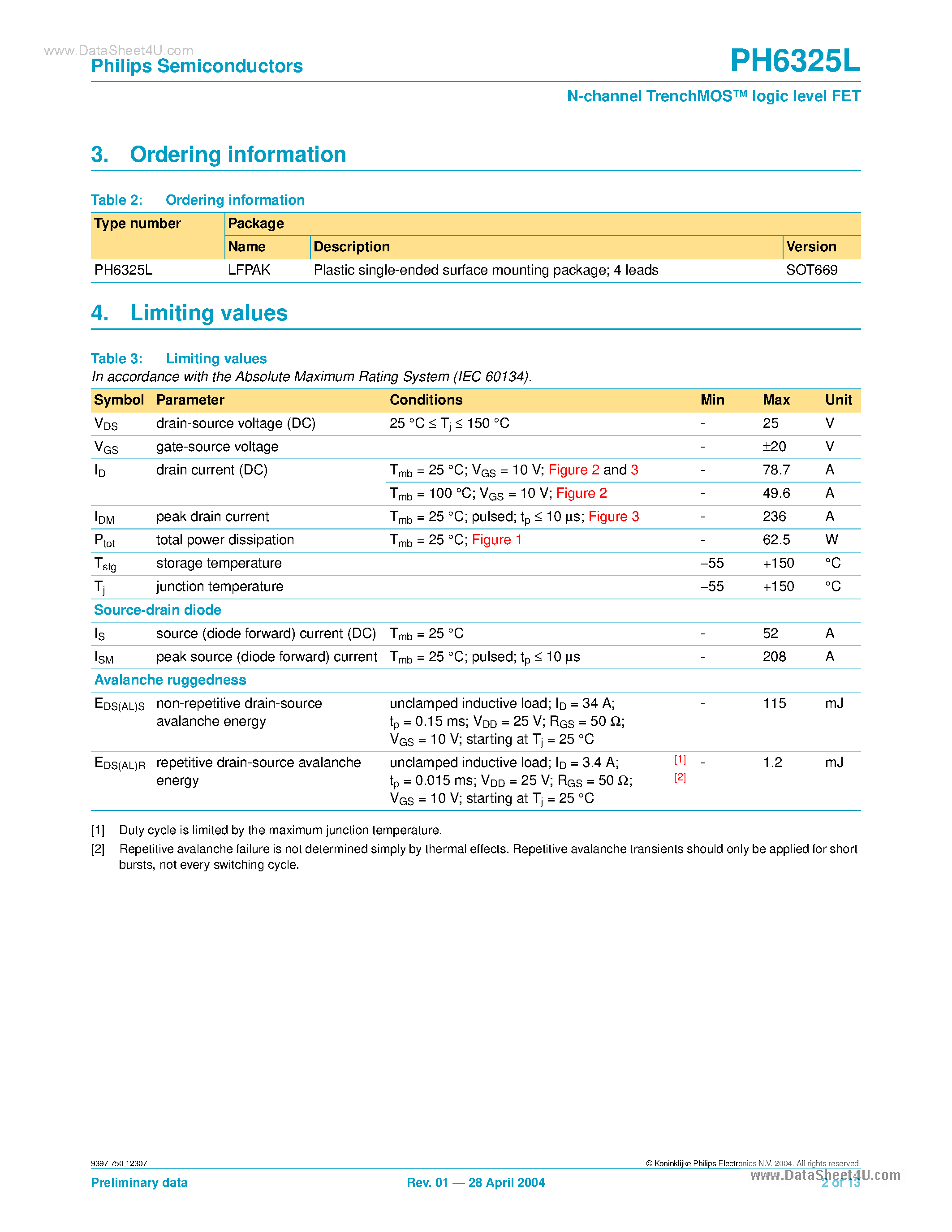 Datasheet PH6325L - N-channel TrenchMOS logic level FET page 2