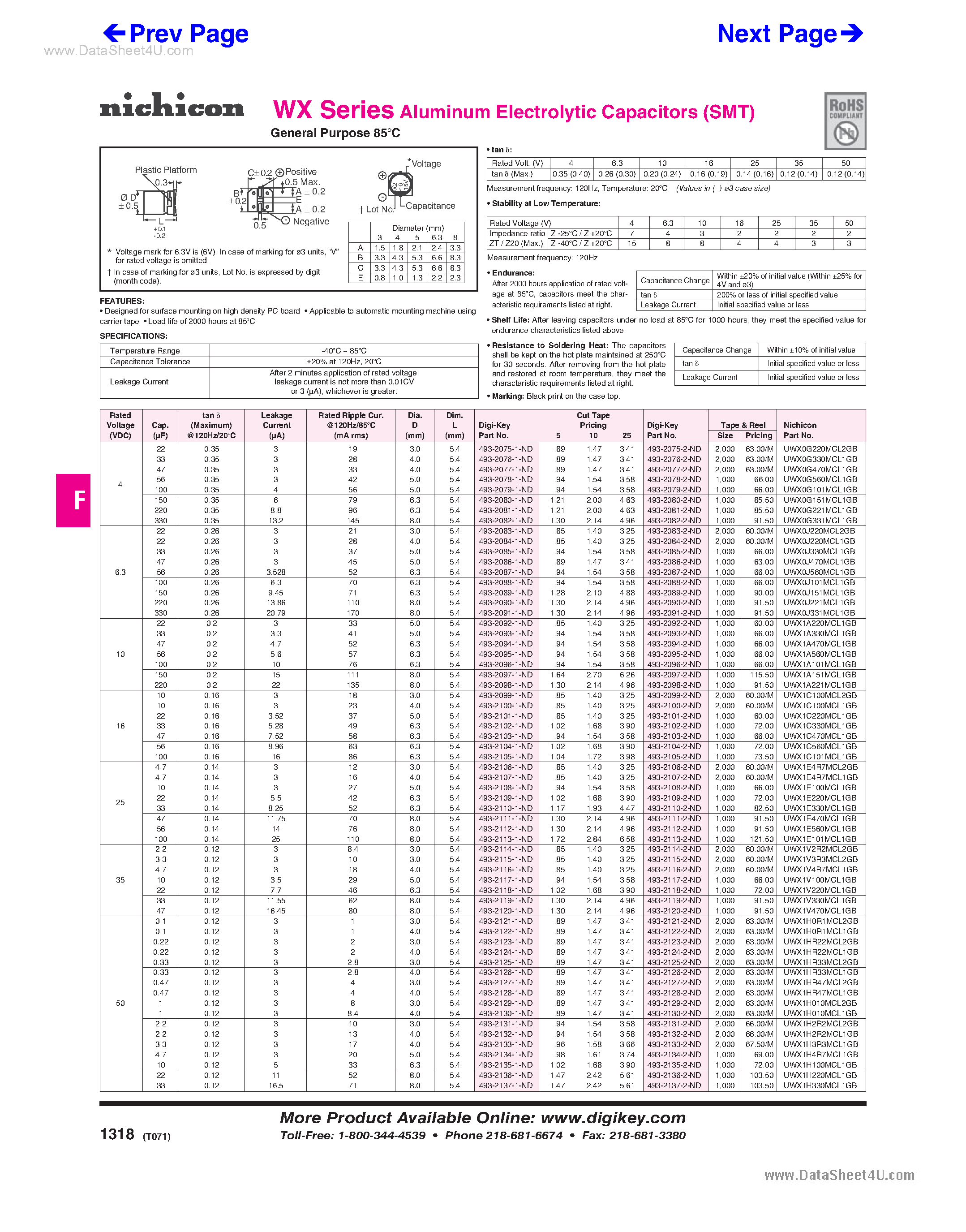 Datasheet UWX0xxxxxx - (WX Series) Aluminum Electrolytic Capacitors page 1