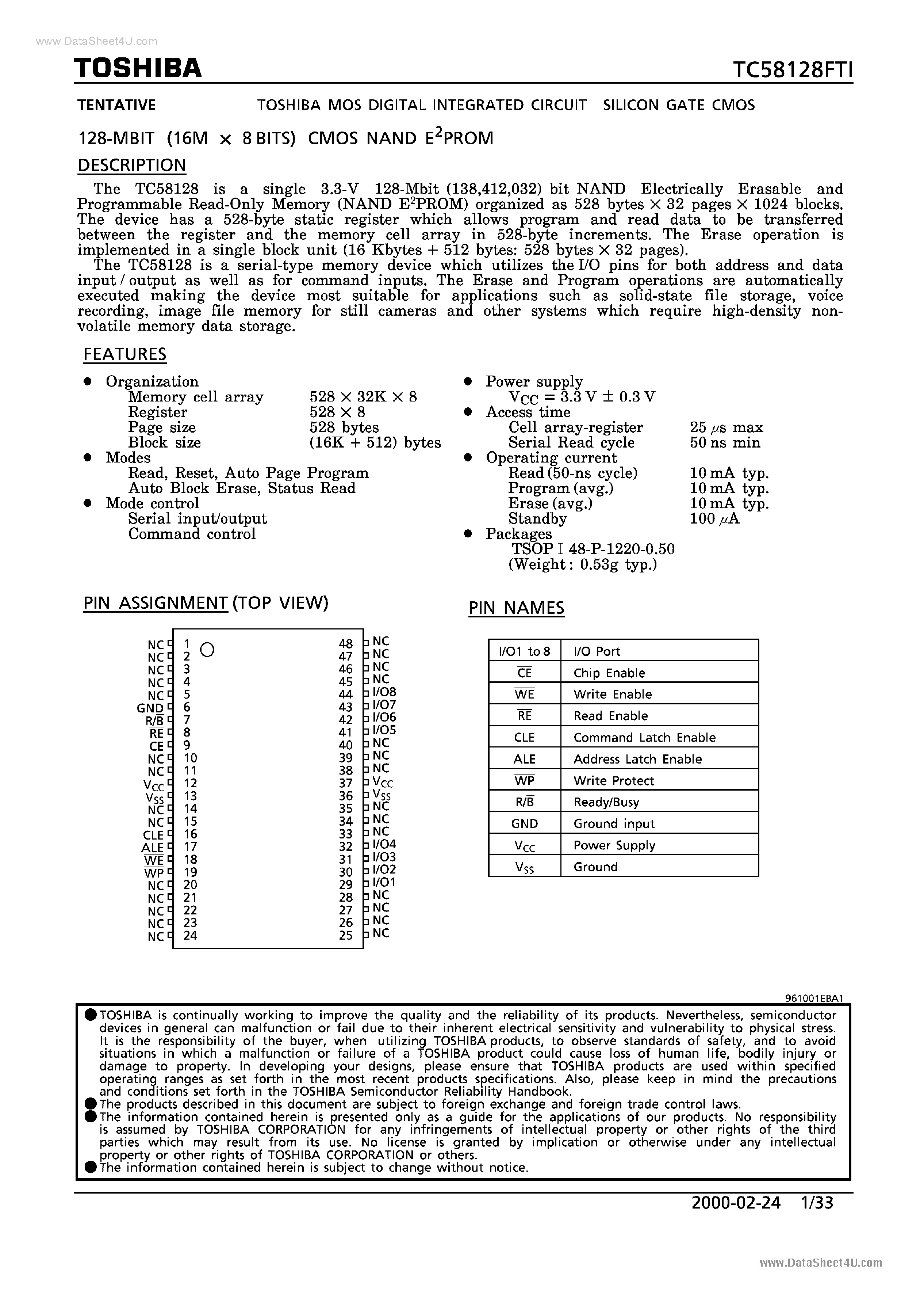 Datasheet TC58128FTI page 1 Datasheet TC58128FTI - 128M-Bit CMOS NAND EPROM page 1