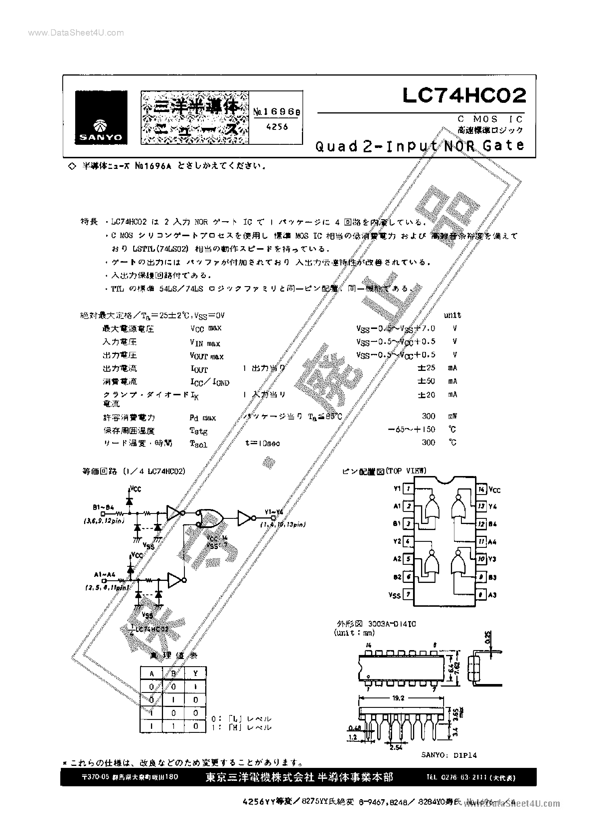 Datasheet LC74HC02 - Quad 2-Input NOR Gate page 1