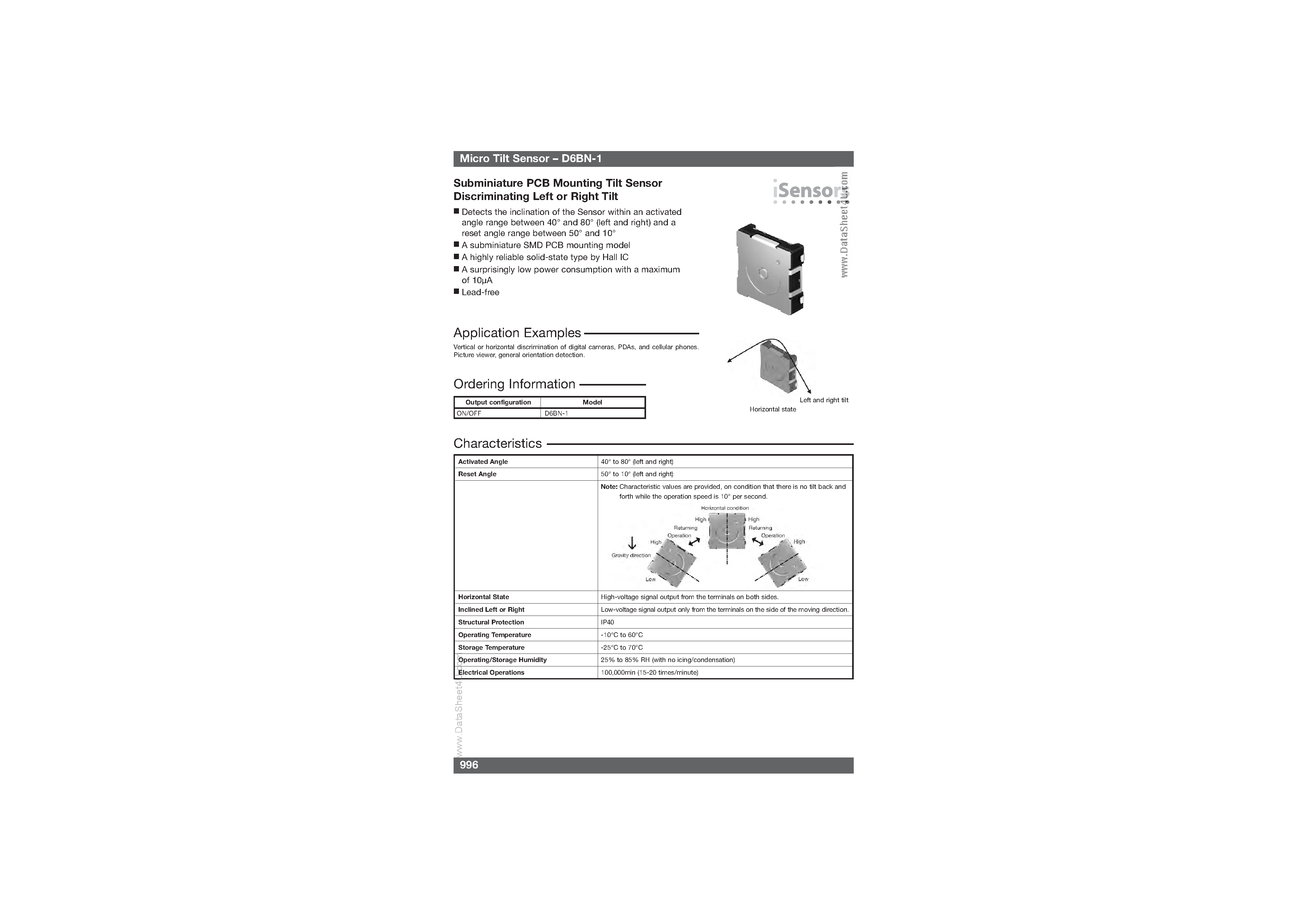 Даташит D6BN-1 - Subminiature PCB Mounting Tilt Sensor страница 1