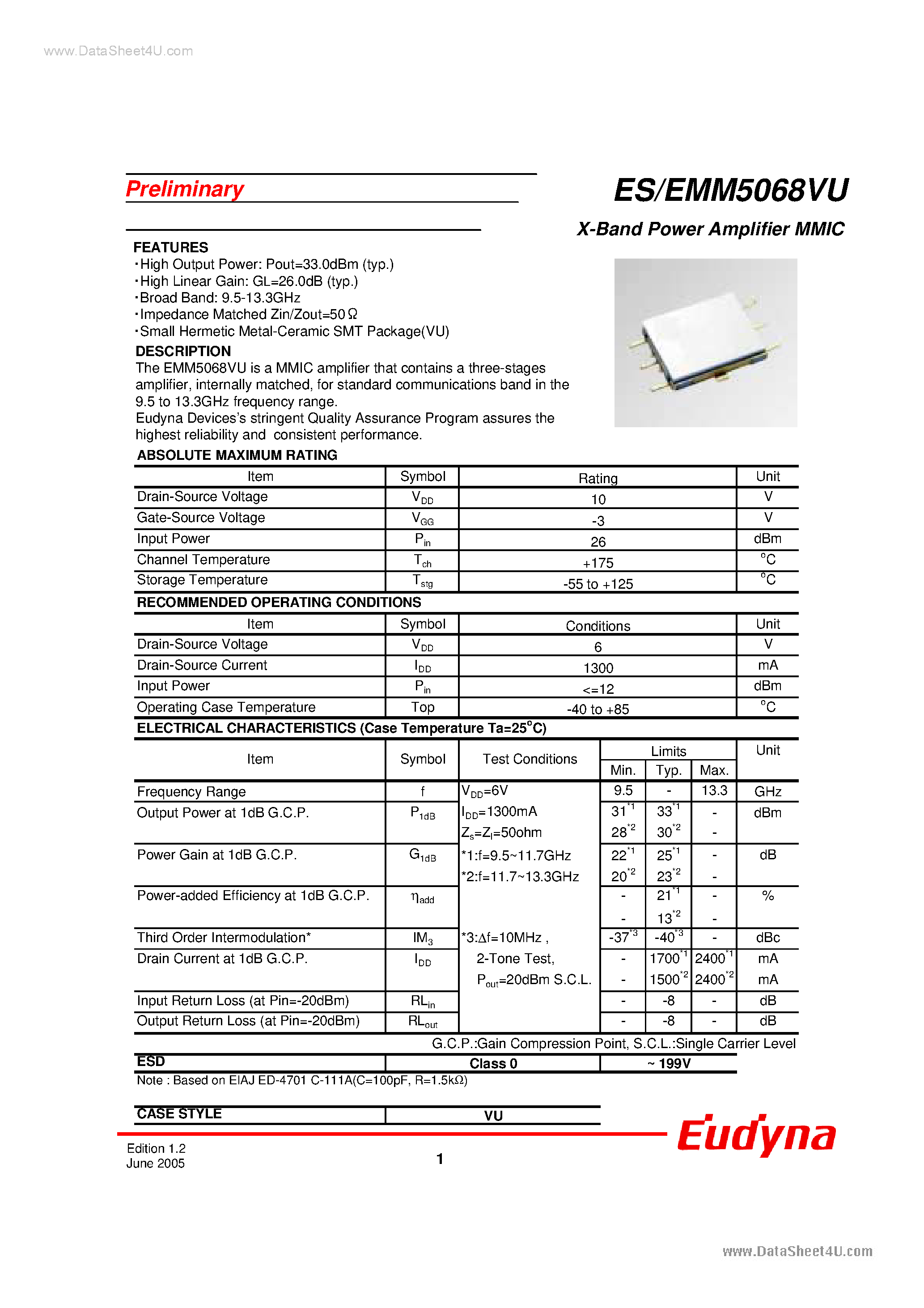 Даташит на микросхему EMM5068VU страница 1 Даташит EMM5068VU - X-Band Power Amplifier MMIC страница 1