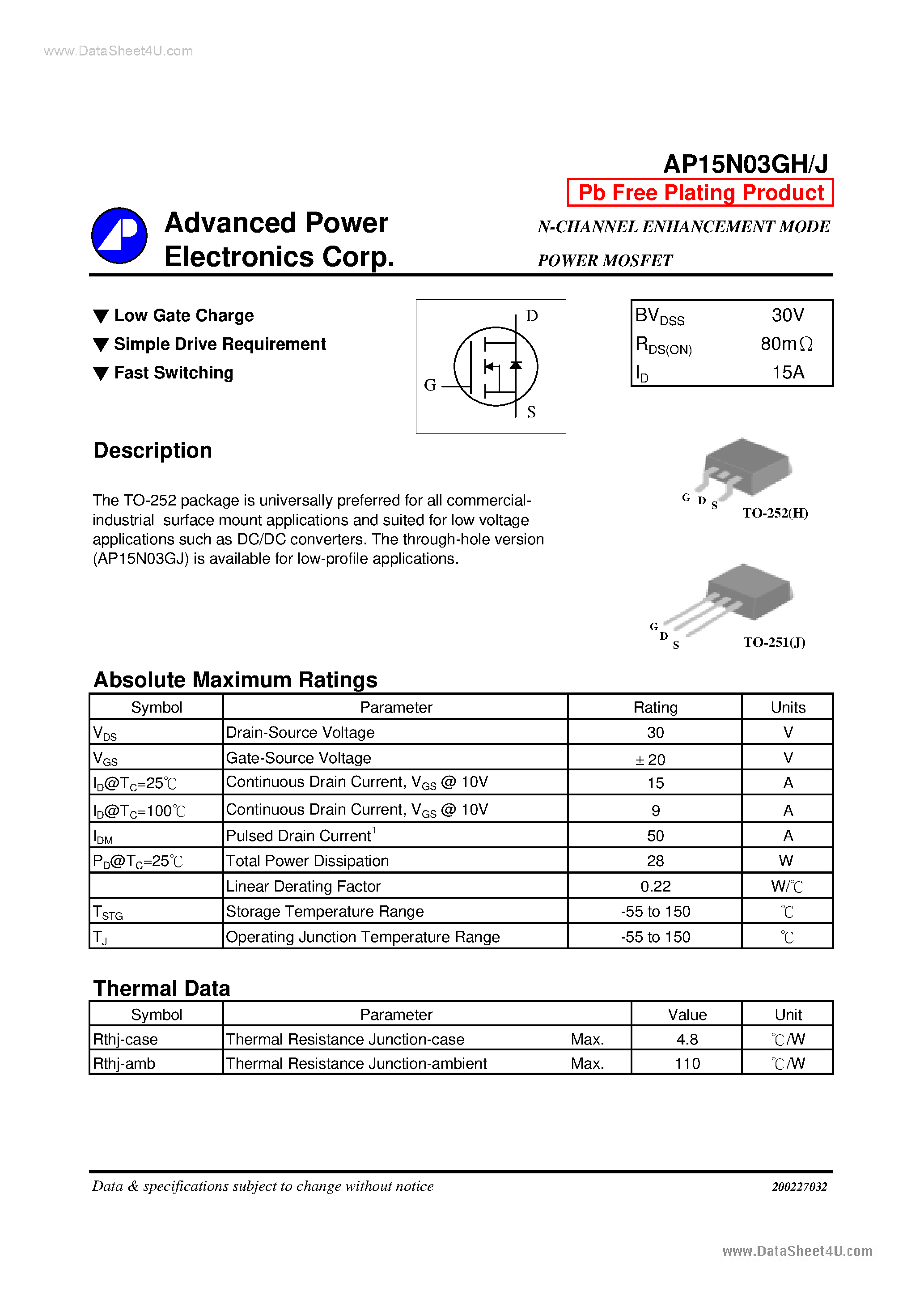 Datasheet AP15N03GH - N-CHANNEL ENHANCEMENT MODE POWER MOSFET page 1