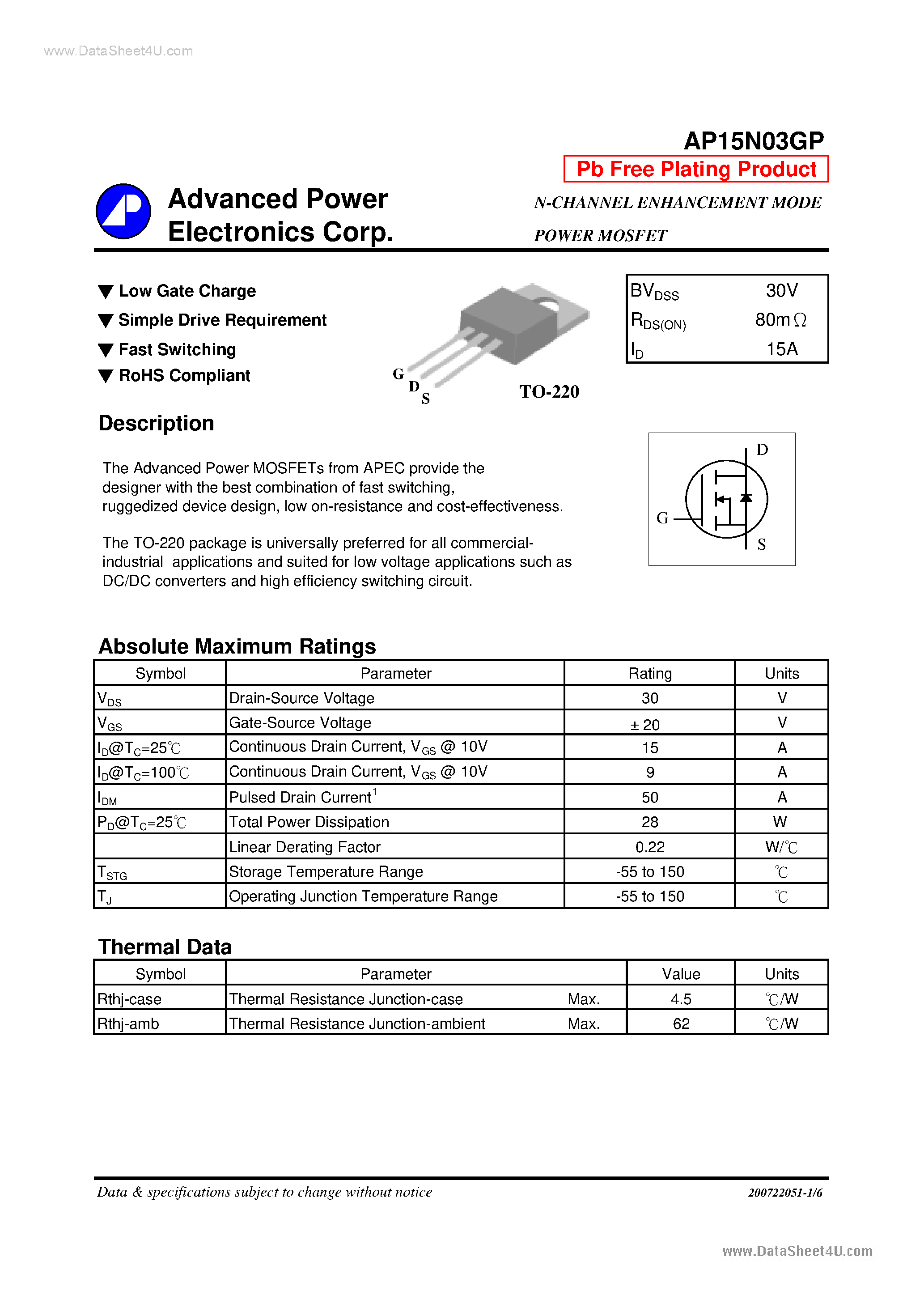 Datasheet AP15N03GP - N-CHANNEL ENHANCEMENT MODE POWER MOSFET page 1