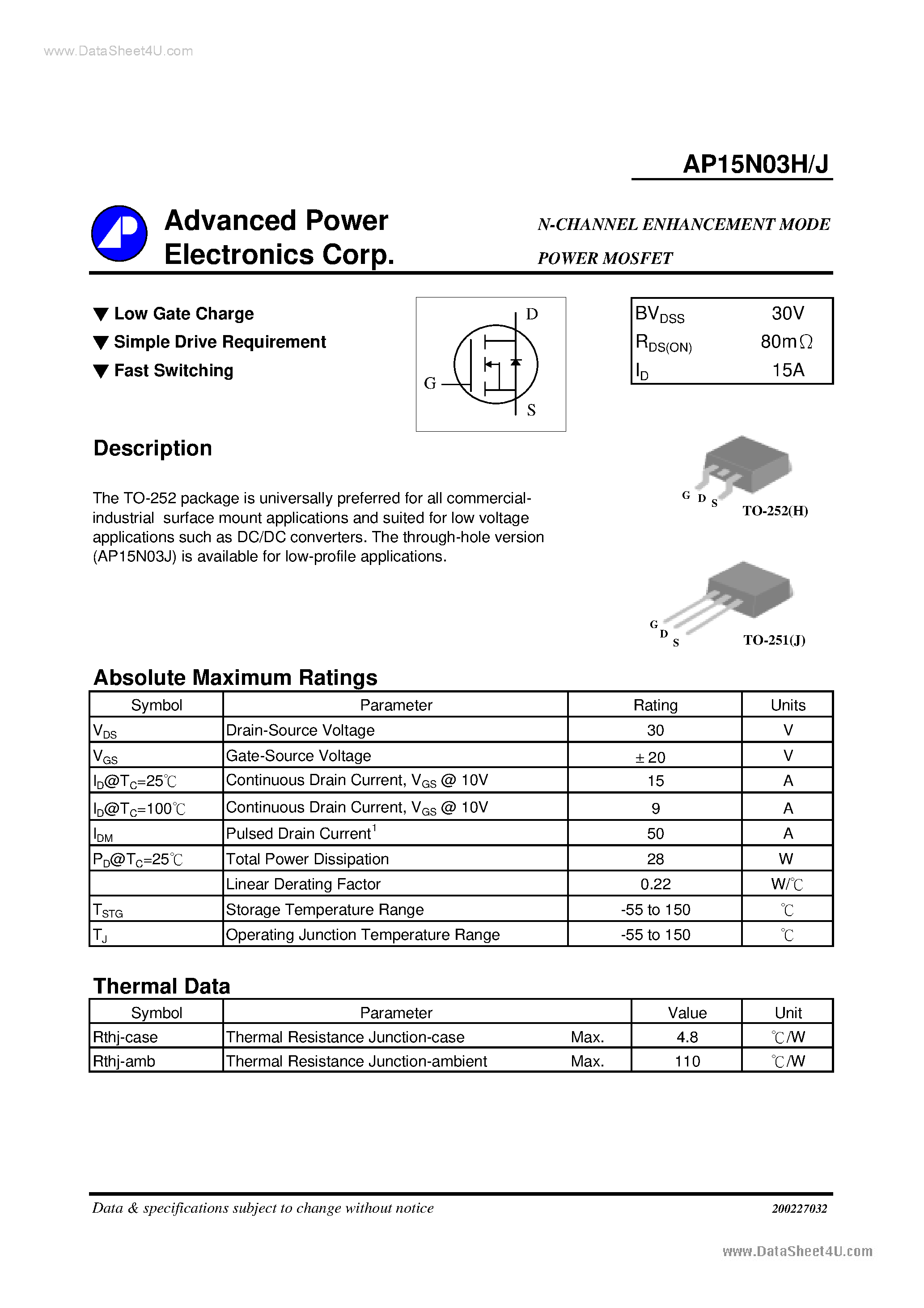 Datasheet AP15N03H - N-CHANNEL ENHANCEMENT MODE page 1