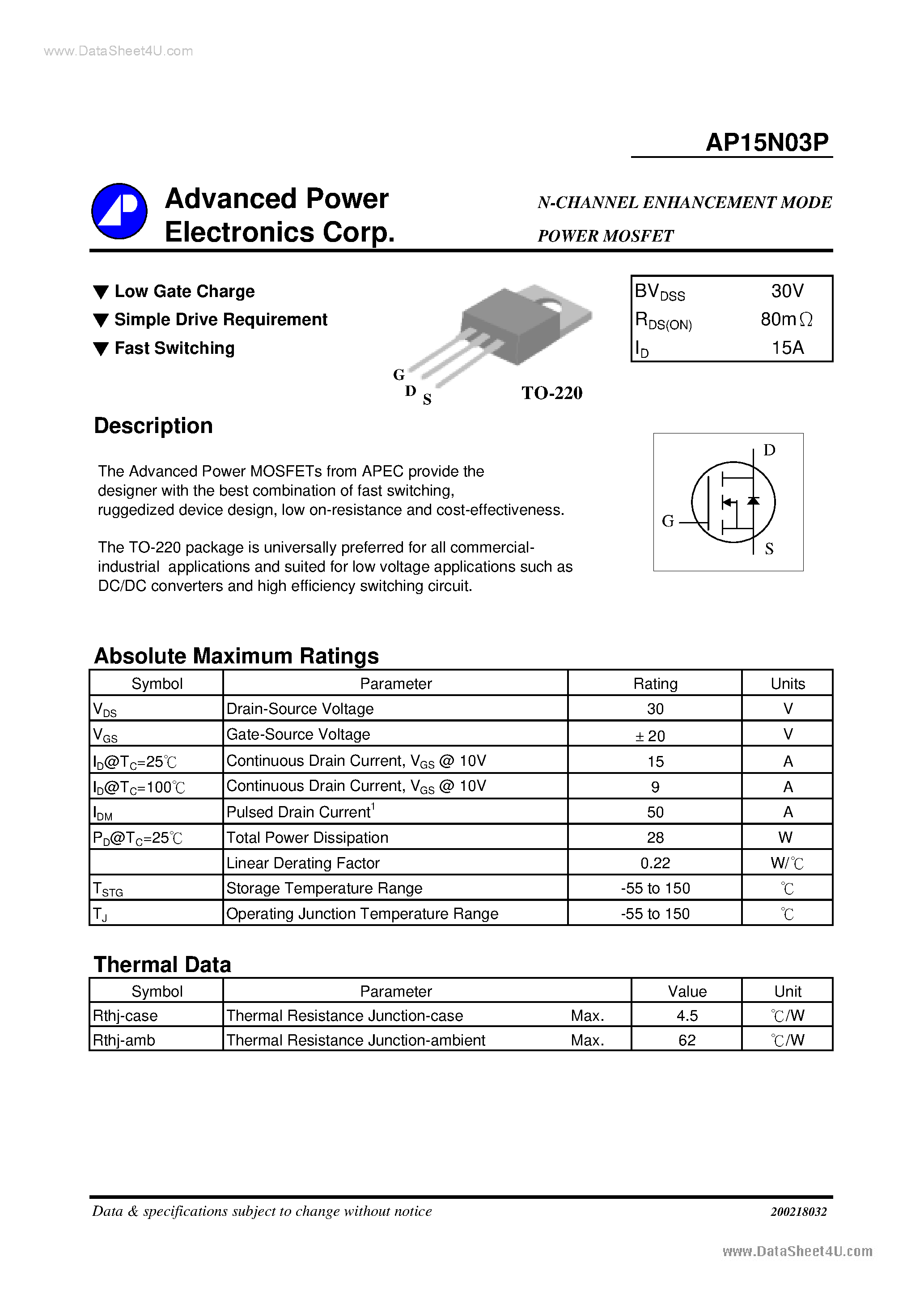 Datasheet AP15N03P - N-CHANNEL ENHANCEMENT MODE page 1