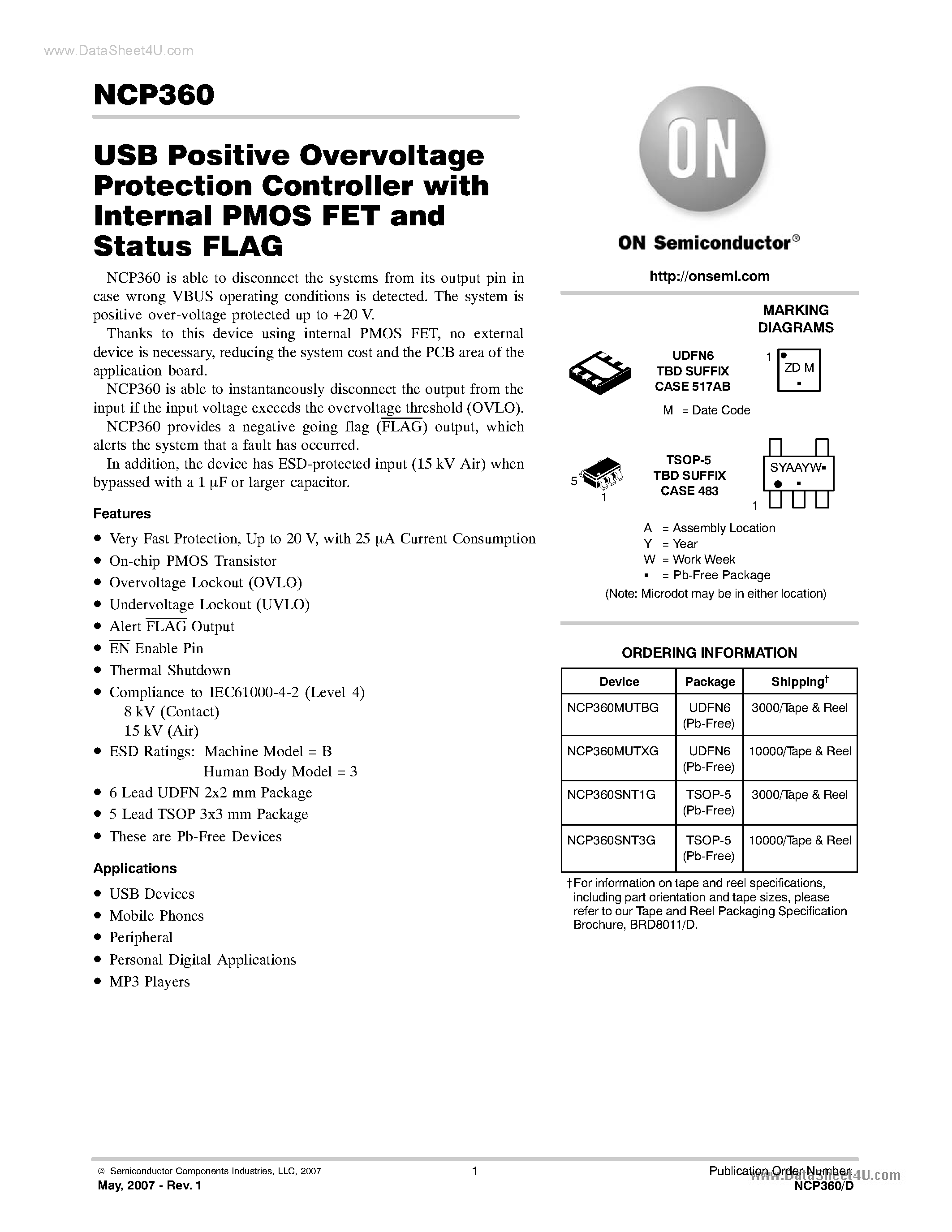 Datasheet NCP360 - USB Positive OVP PMOSFET and status Flag page 1