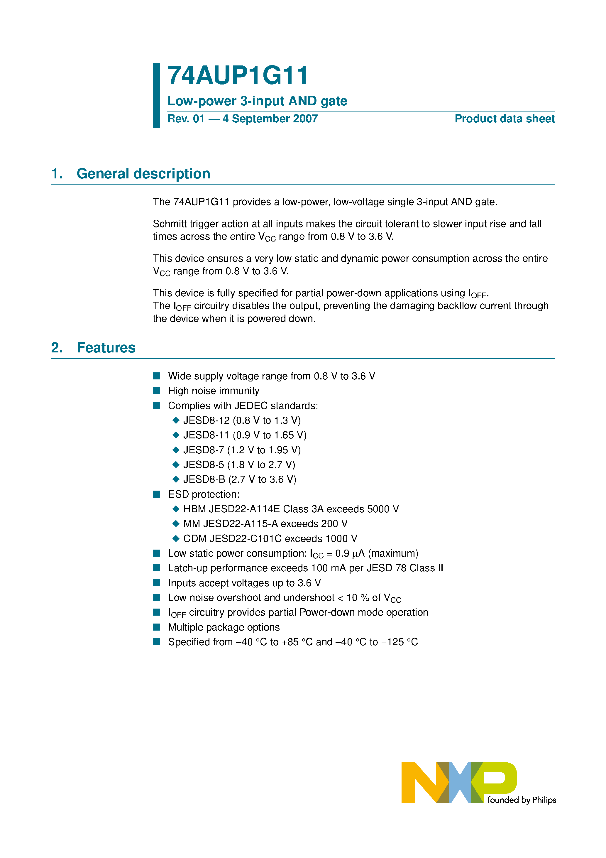 Datasheet 74AUP1G11 page 1 Datasheet 74AUP1G11 - Low-power 3-input AND gate page 1