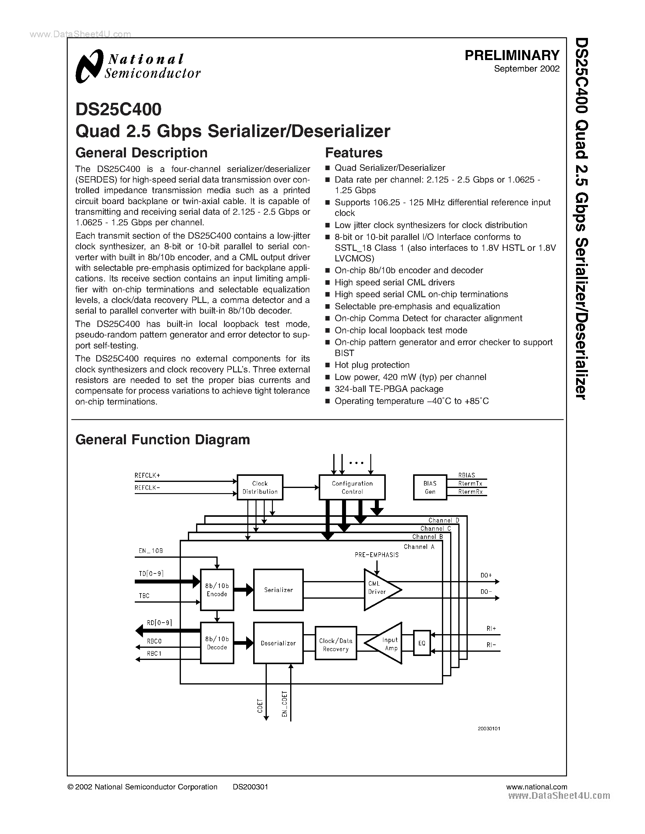 Datasheet DS25C400 - Quad 2.5 Gbps Serializer/Deserializer page 1