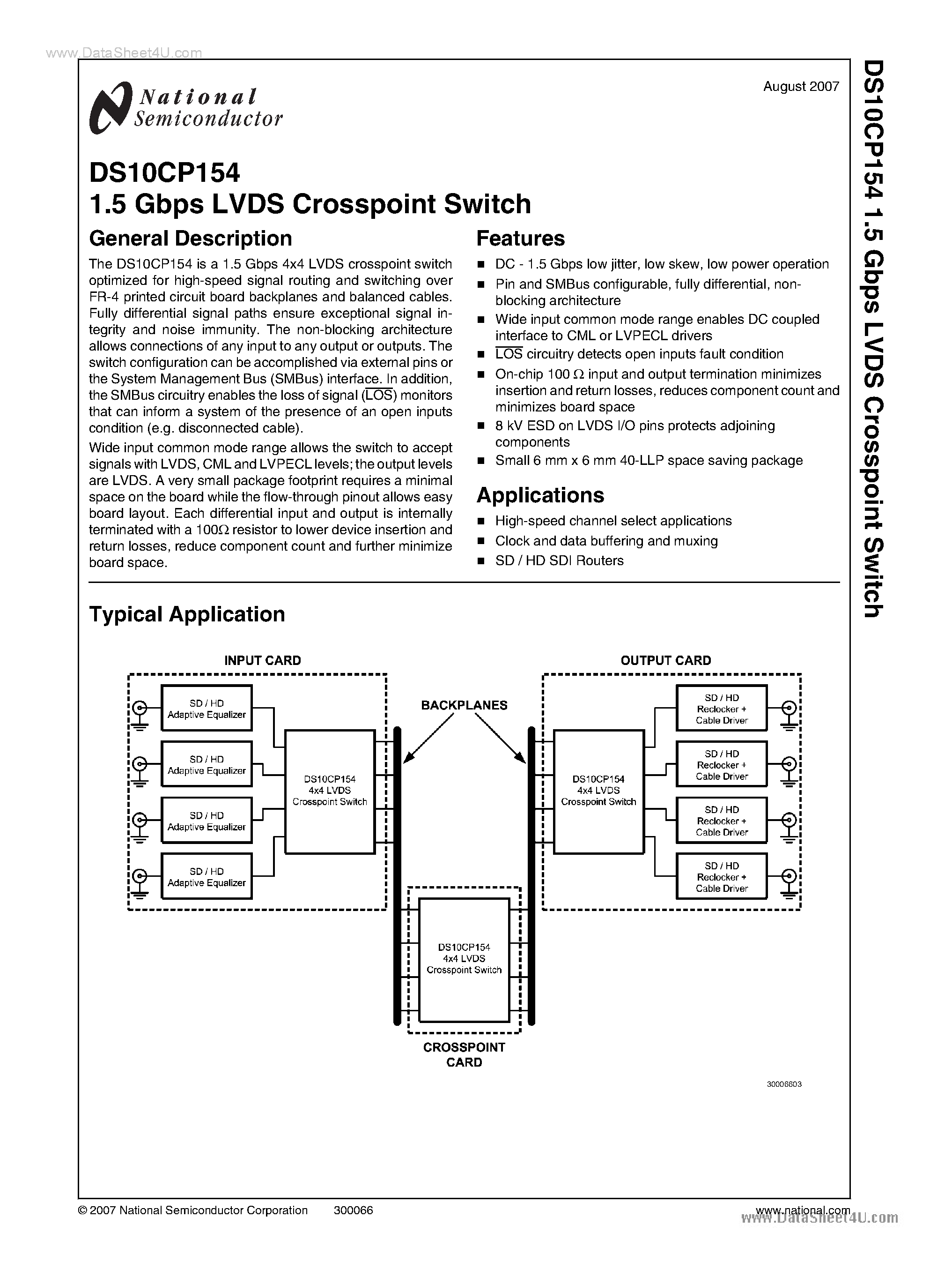 Datasheet DS10CP154 page 1 Datasheet DS10CP154 - 1.5 Gbps LVDS Crosspoint Switch page 1