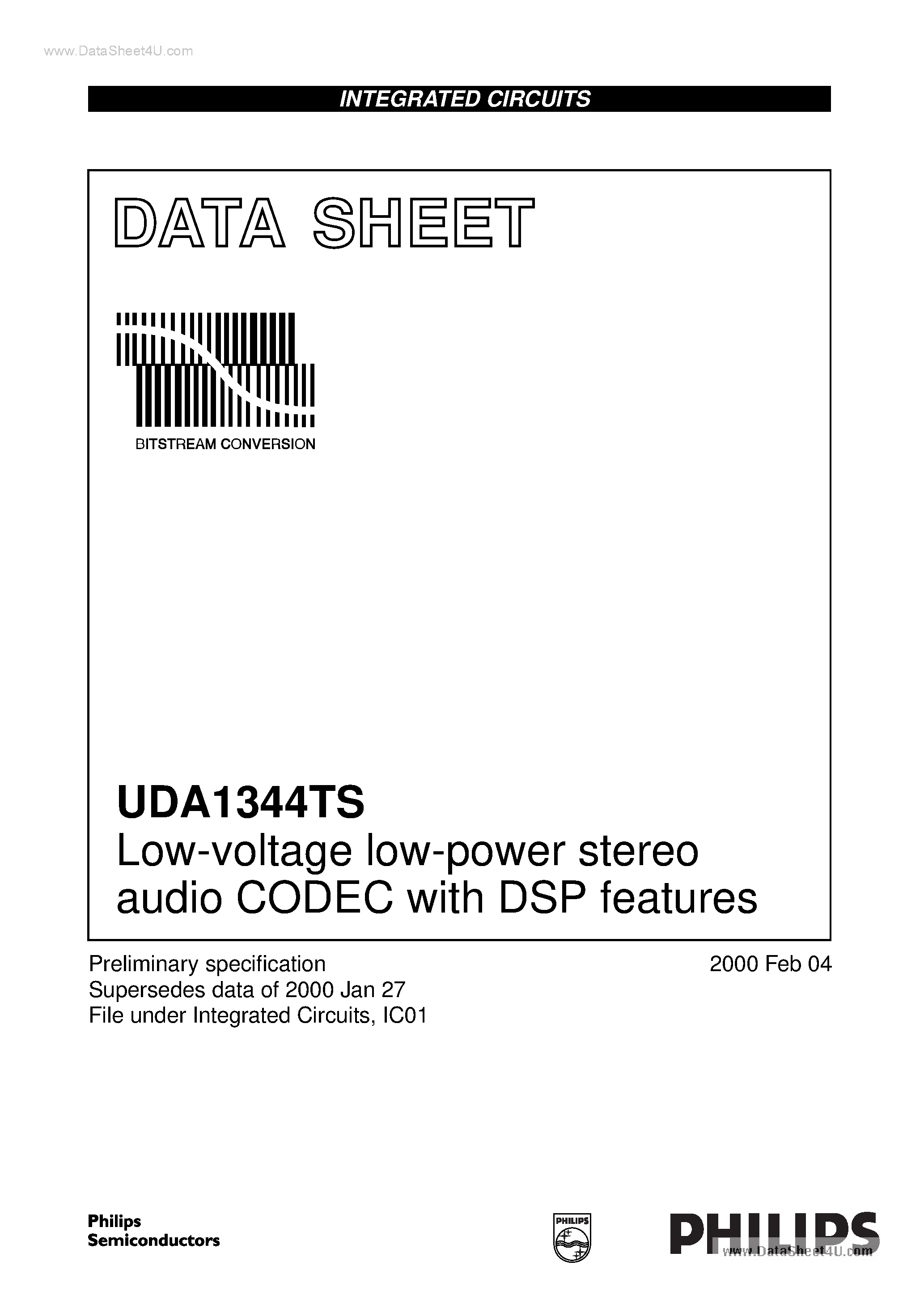 Даташит UDA1344TS - Low-voltage low-power stereo audio CODEC страница 1