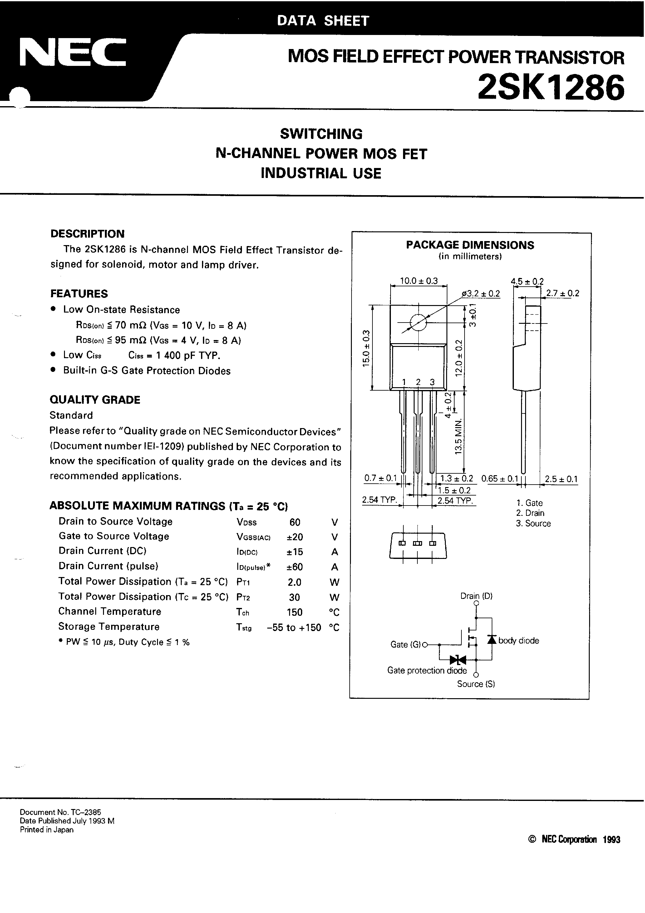 Даташит 2SK1286 - MOS FIELD EFFECT POWER TRANSISTOR страница 2