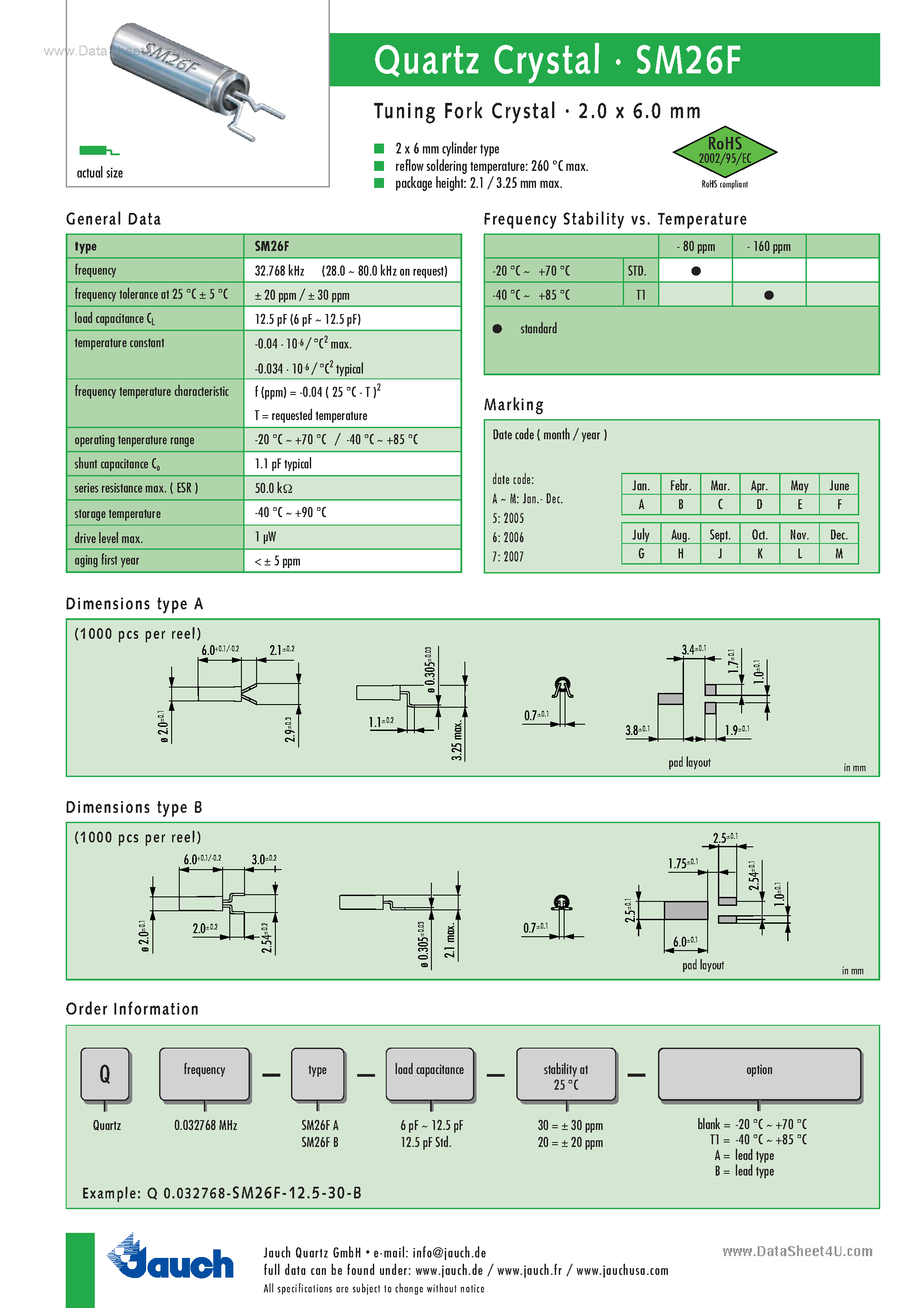 Даташит на микросхему SM26F страница 1 Даташит SM26F - Tuning Fork Quartz Crystal страница 1