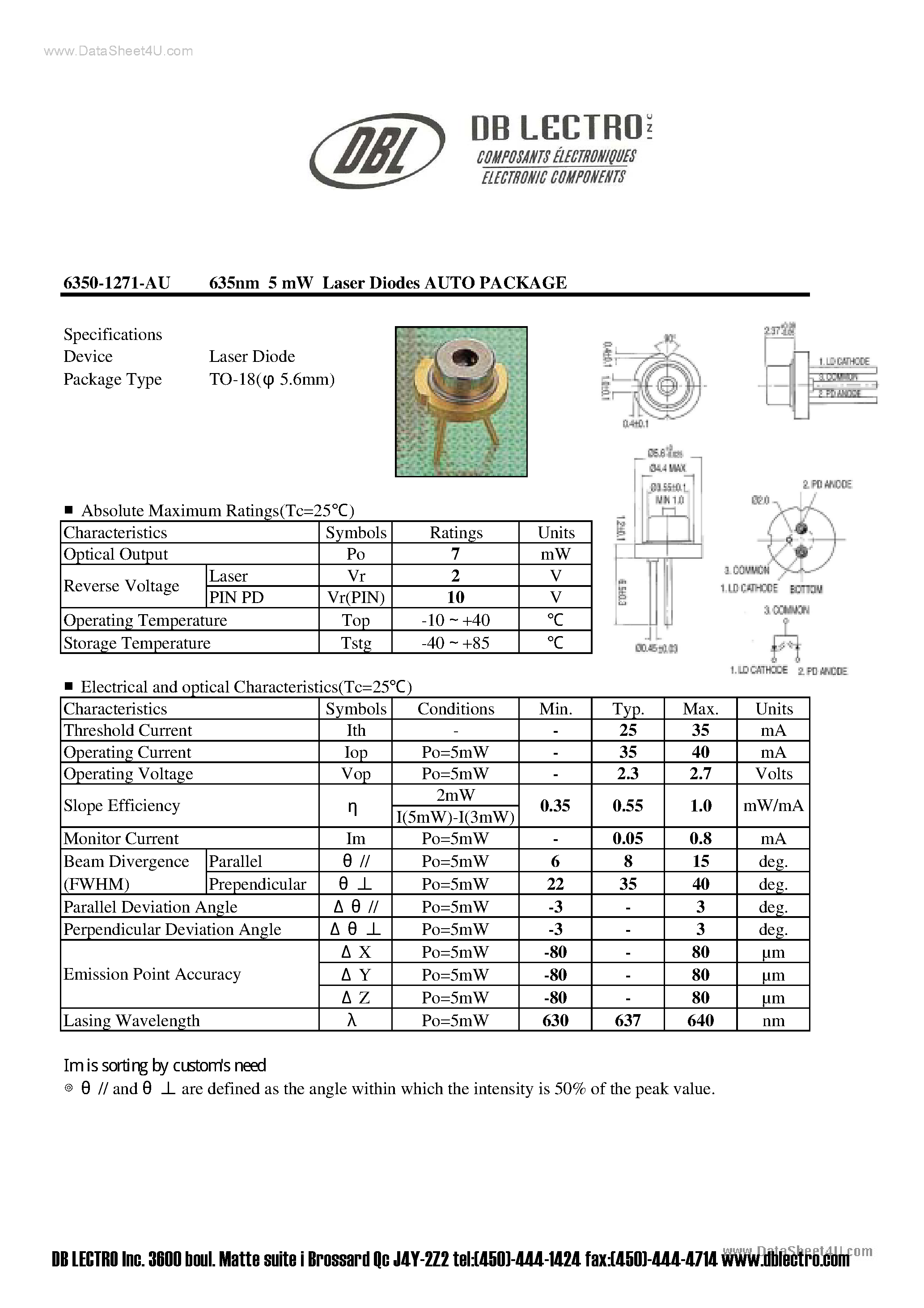 Datasheet 6350-1271-AU - 635nm 5 mW Laser Diodes AUTO PACKAGE page 1