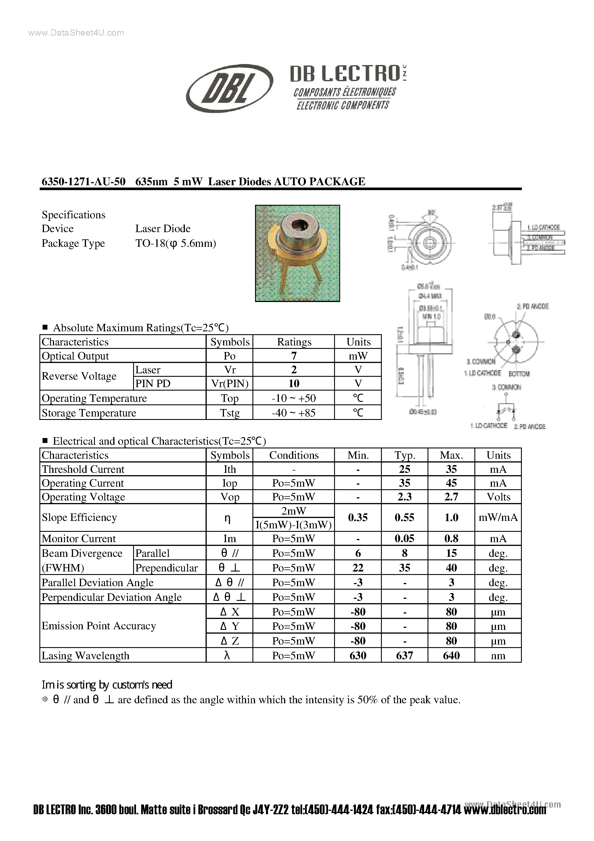 Datasheet 6350-1271-AU - 635nm 5 mW Laser Diodes AUTO PACKAGE page 2