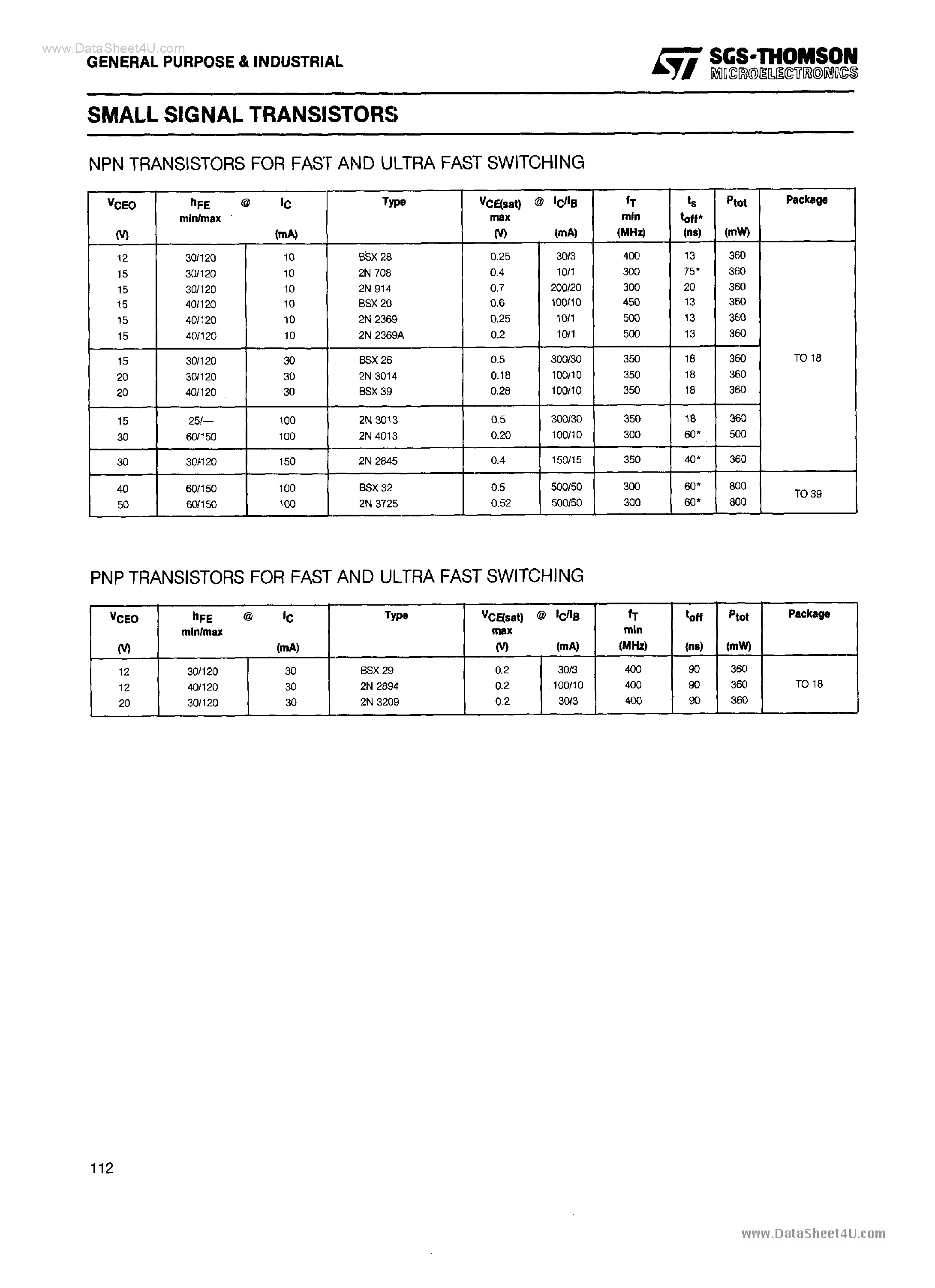 Даташит BSX29 - Small Signal Transistors страница 1