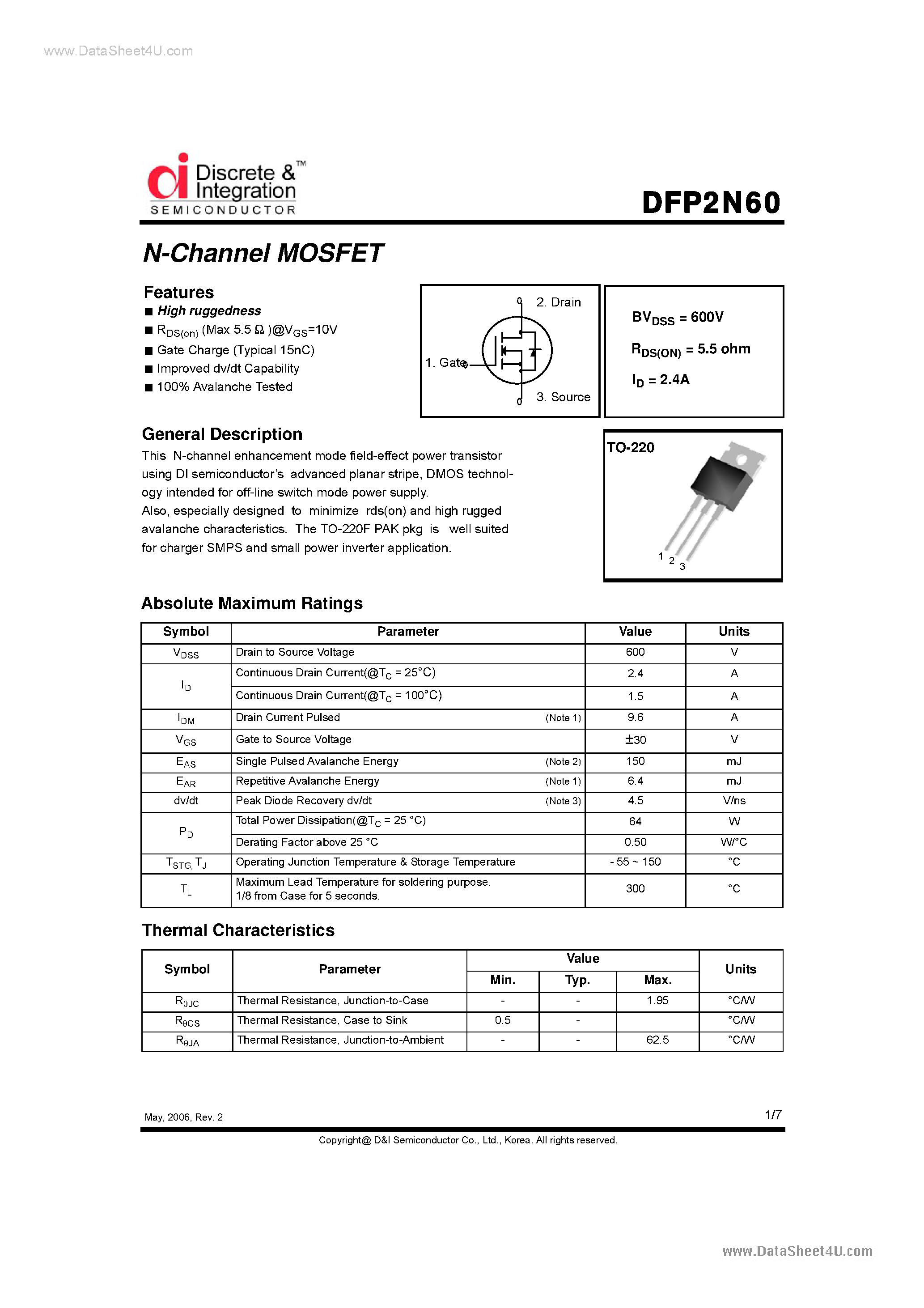 Datasheet DFP2N60 - N-Channel MOSFET page 1