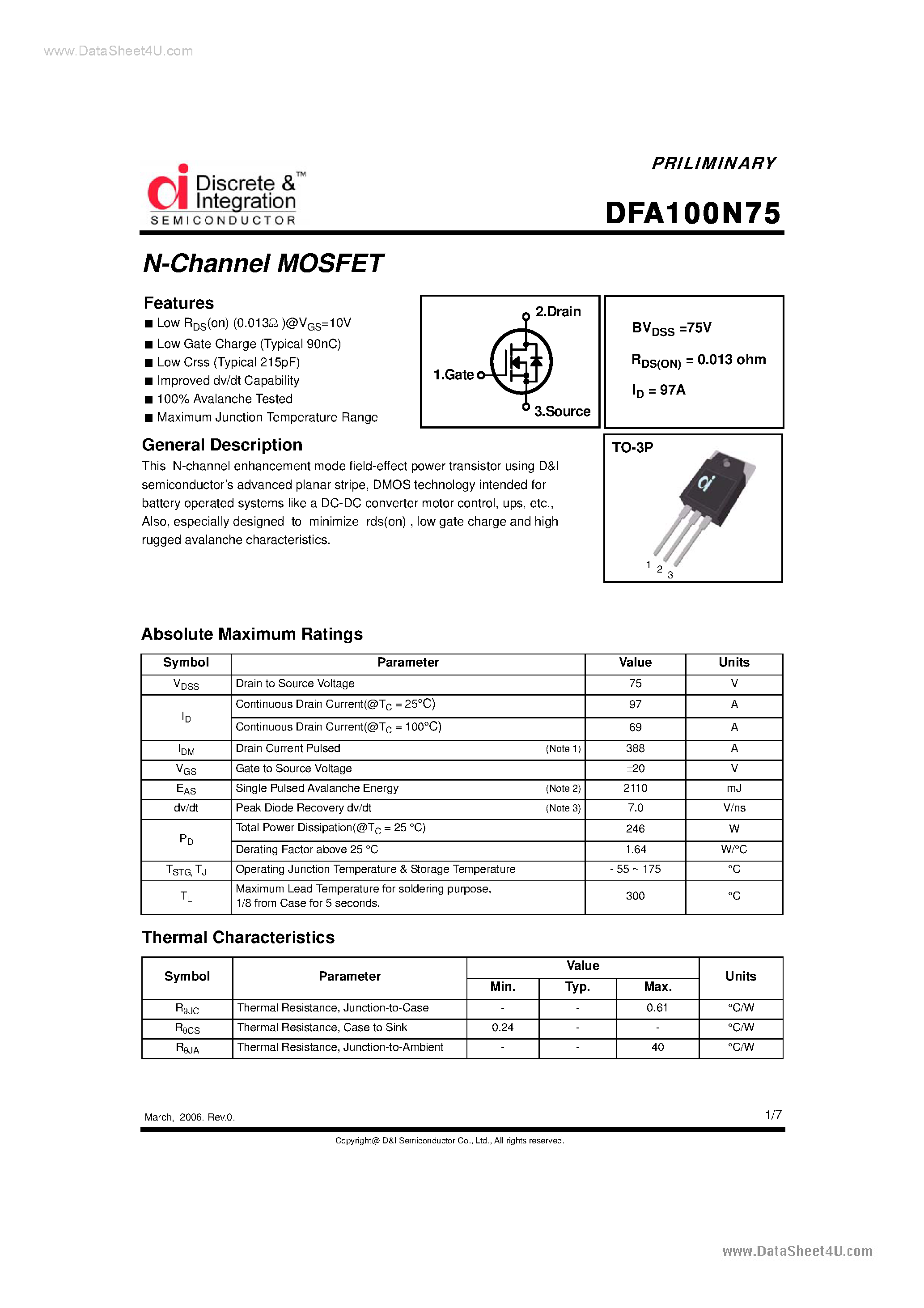 Datasheet DFA100N75 - N-Channel MOSFET page 1