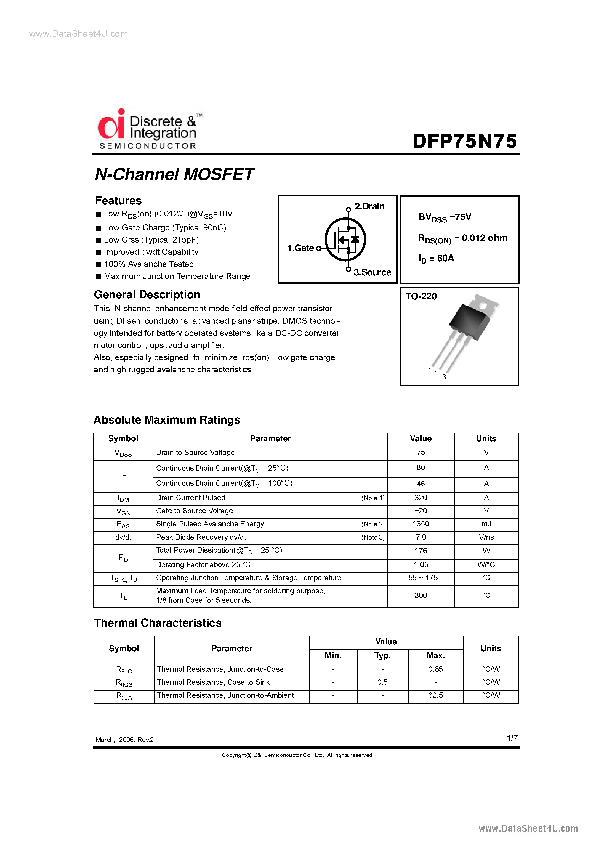 Datasheet DFP75N75 - N-Channel MOSFET page 1