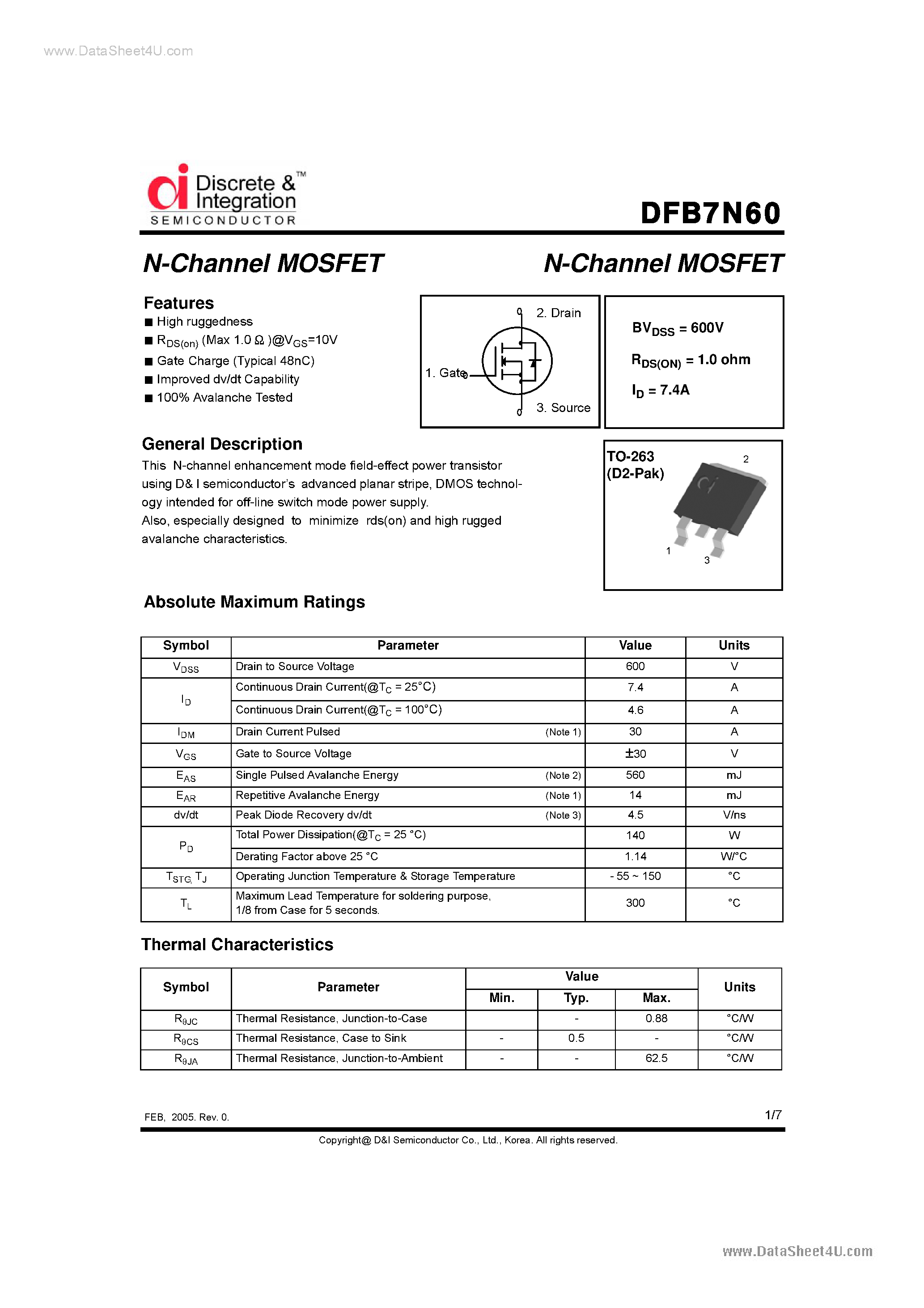Datasheet DFB7N60 - N-Channel MOSFET page 1