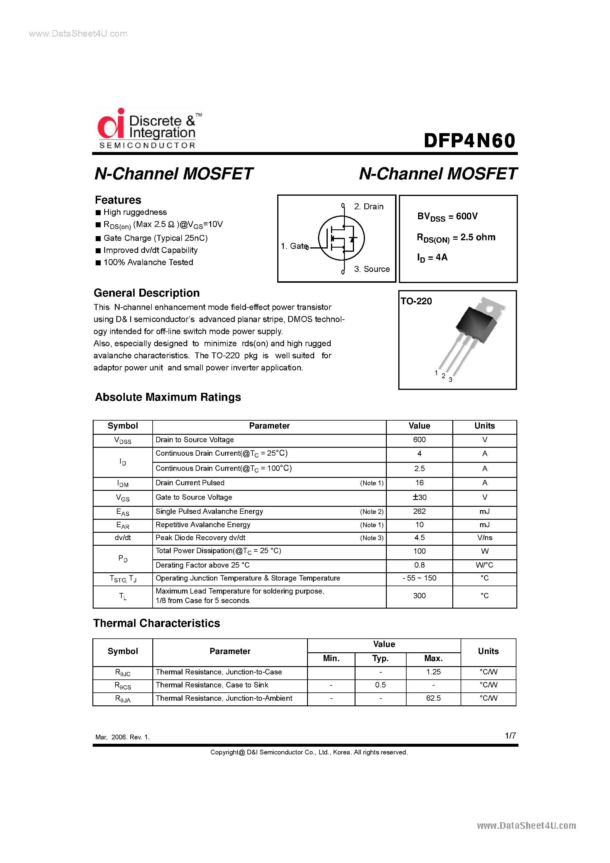 Datasheet DFP4N60 - N-Channel MOSFET page 1