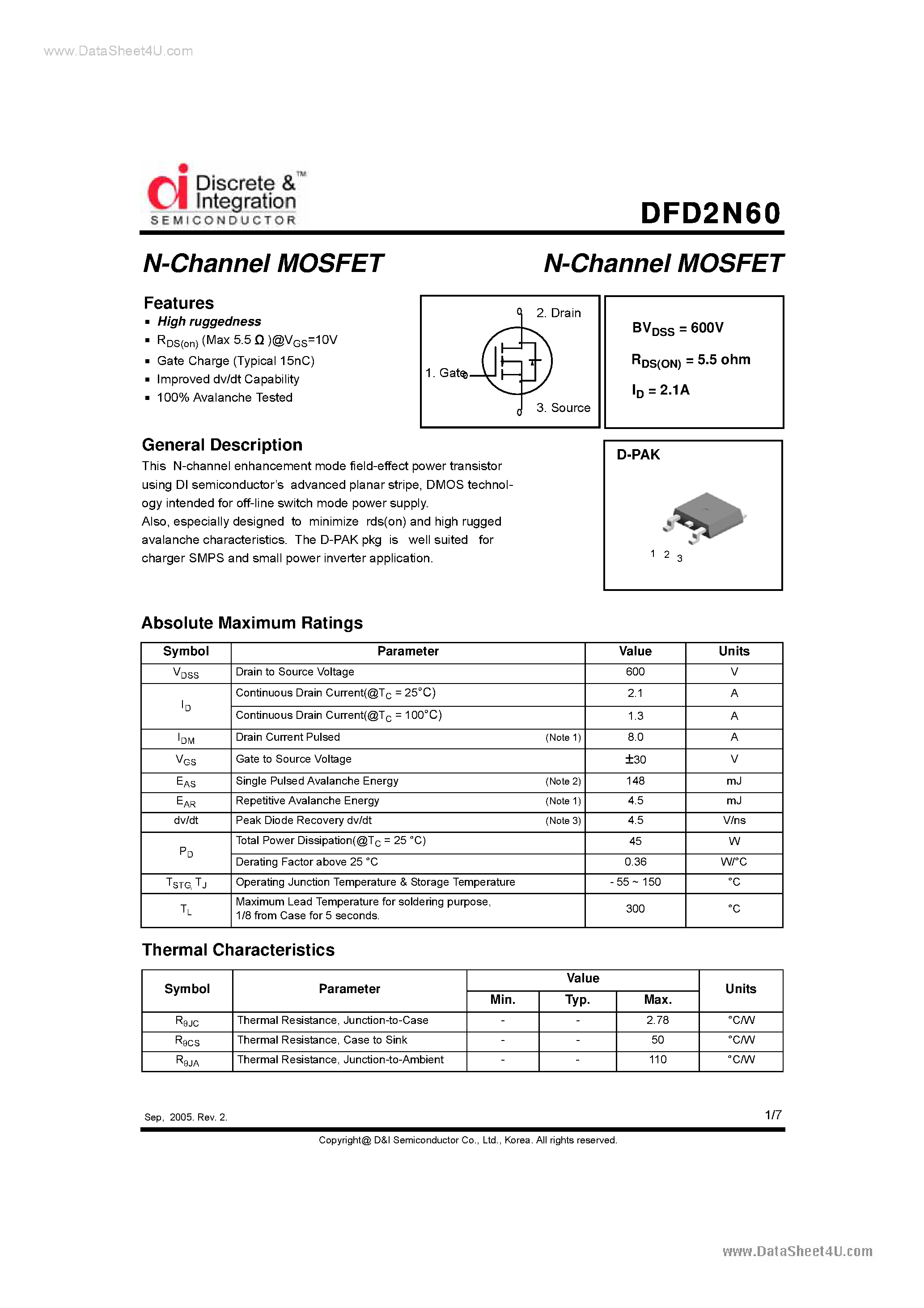 Datasheet DFD1N60 - N-Channel MOSFET page 1