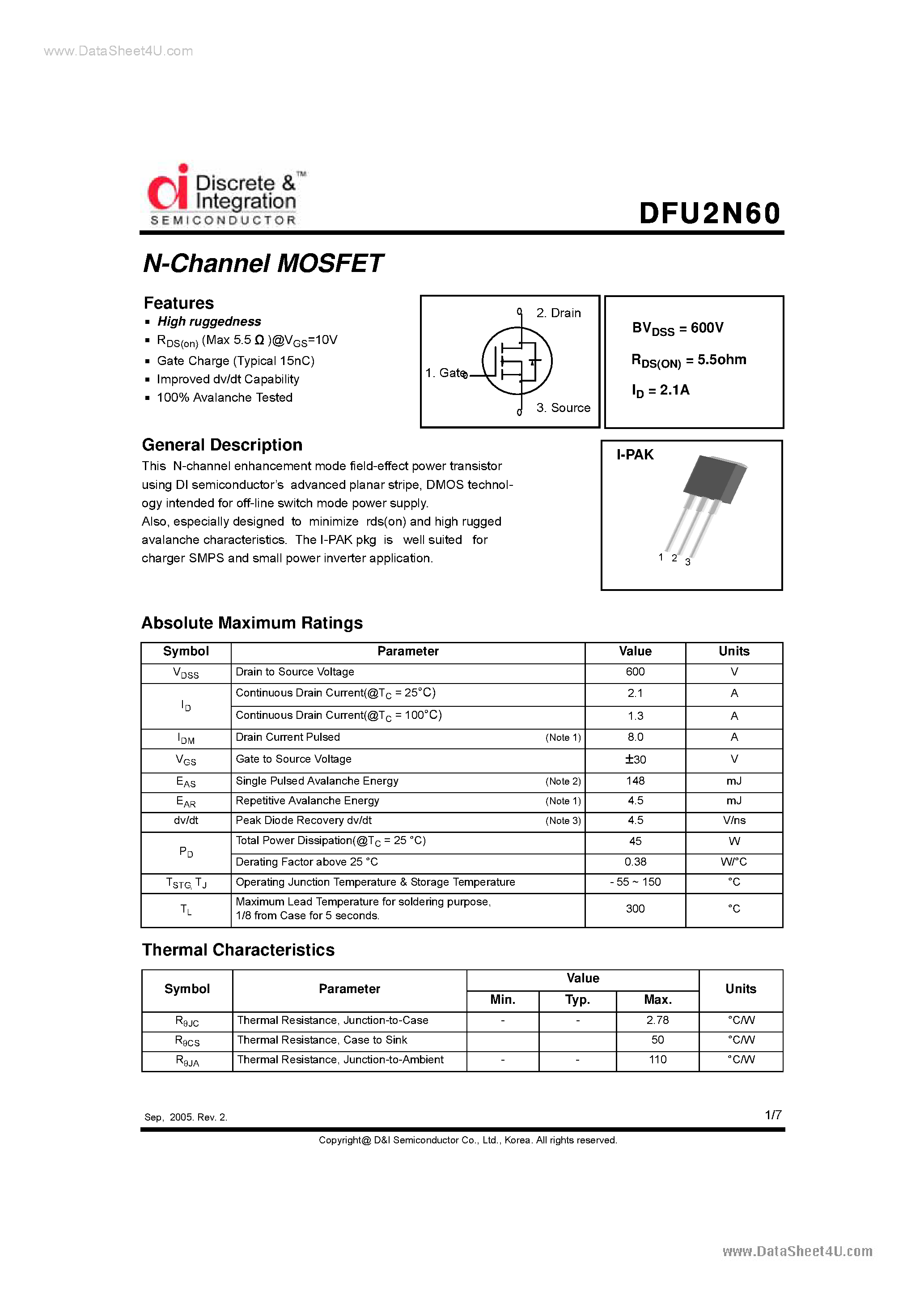 Datasheet DFU2N60 - N-Channel MOSFET page 1