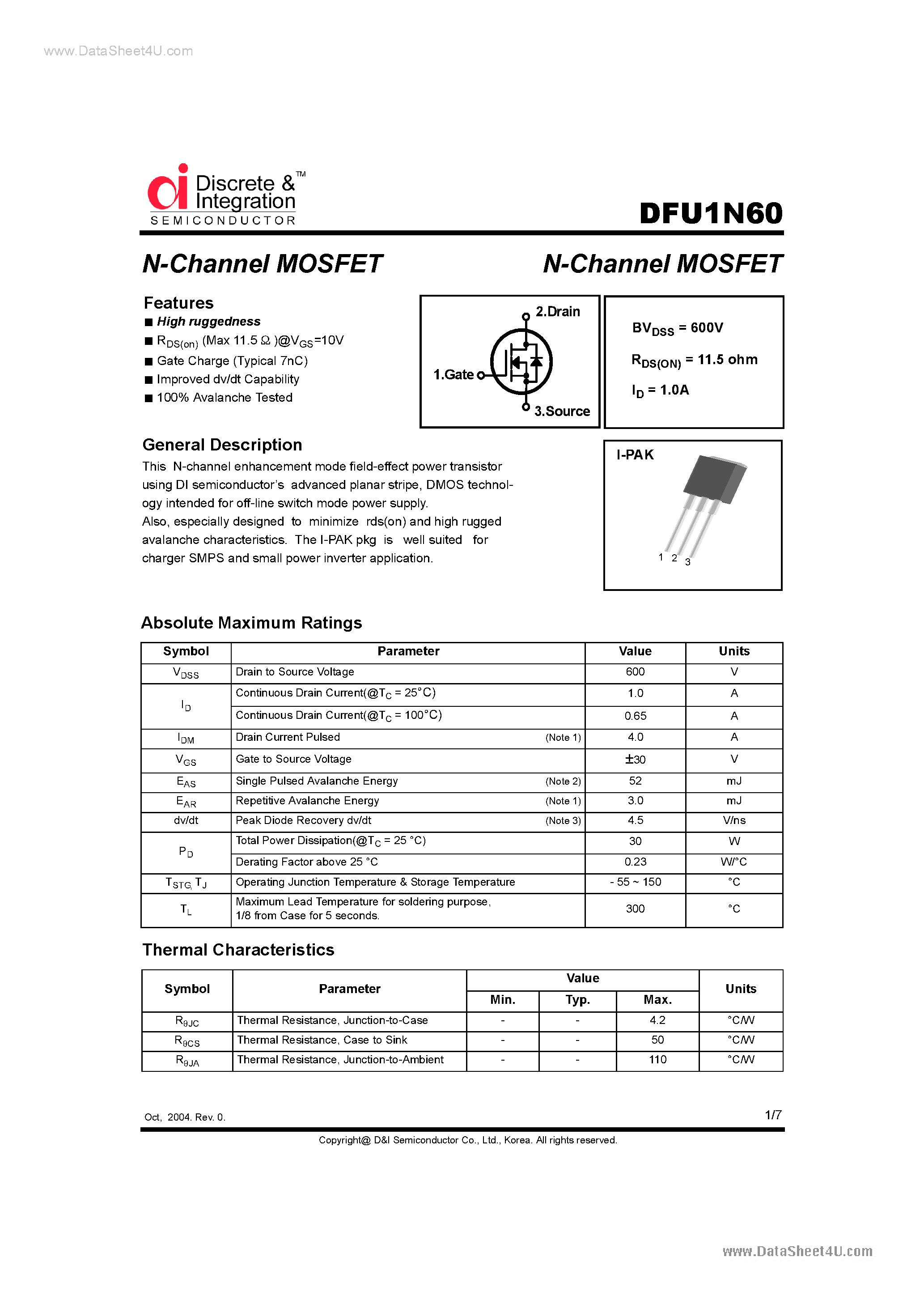Datasheet DFU1N60 - N-Channel MOSFET page 1
