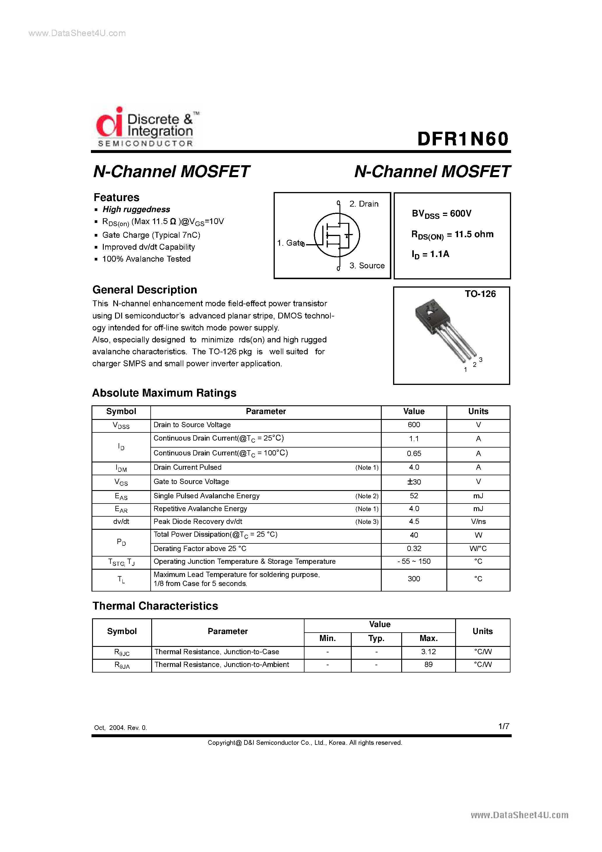 Datasheet DFR1N60 - N-Channel MOSFET page 1