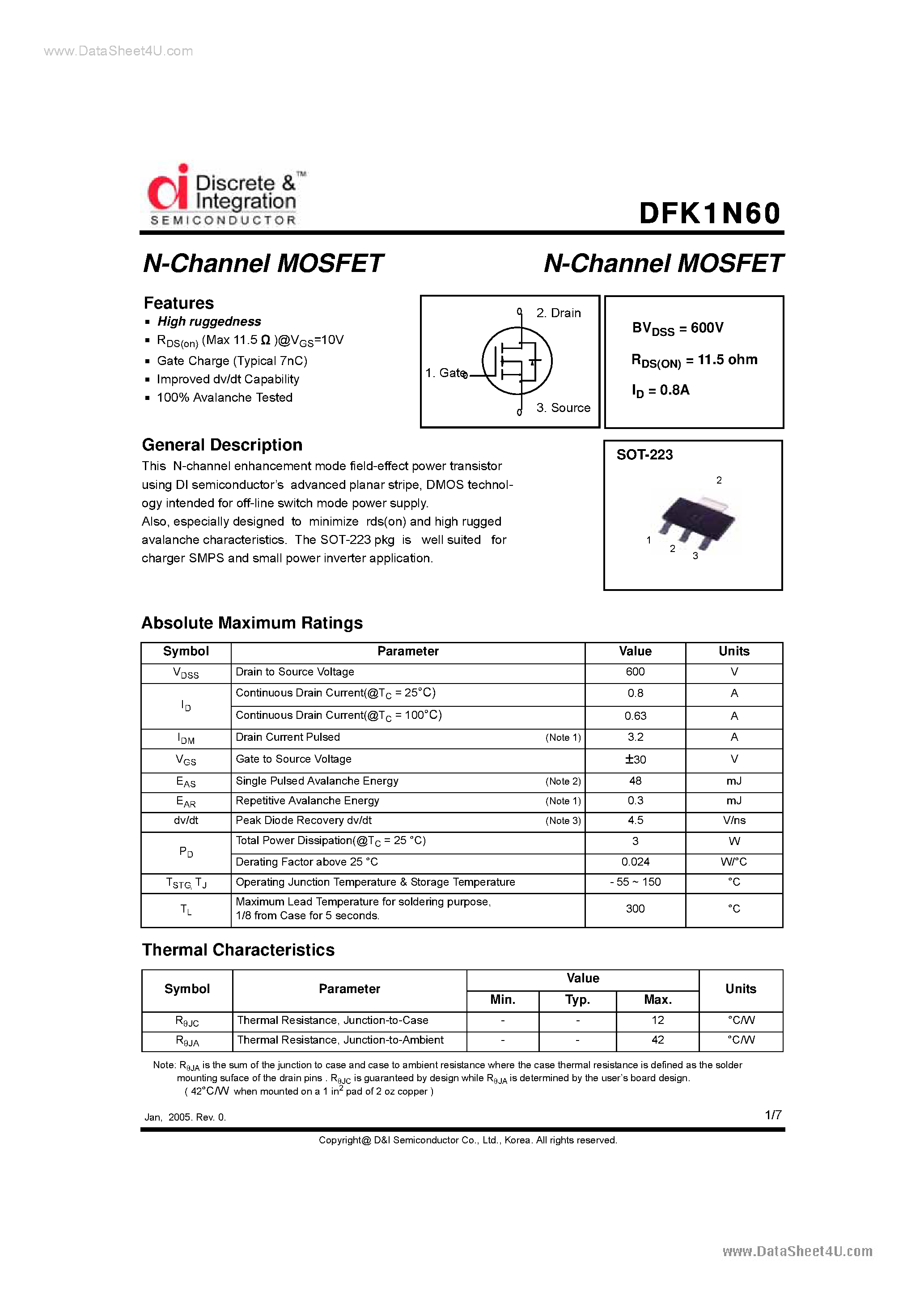 Datasheet DFK1N60 - N-Channel MOSFET page 1
