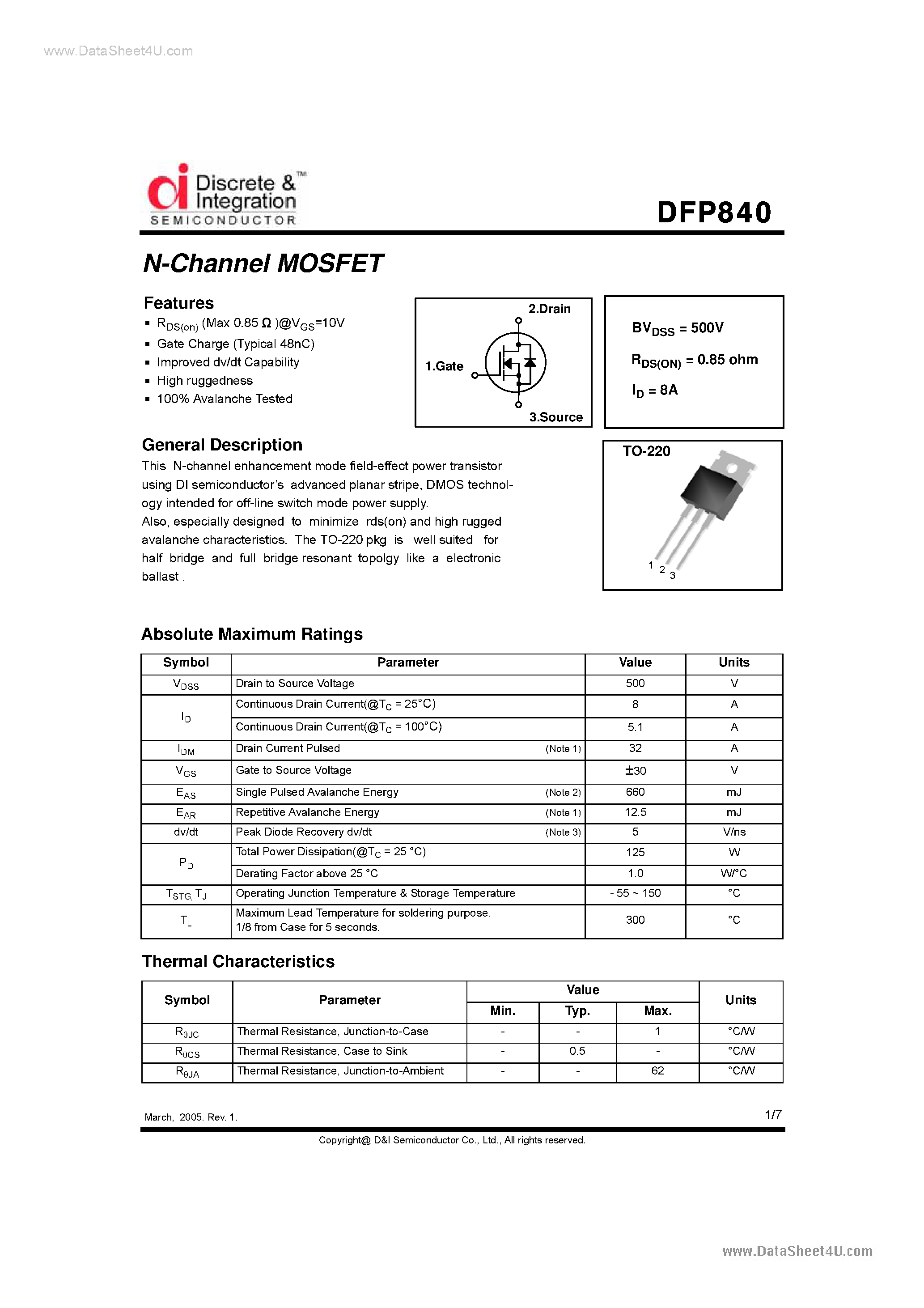 Datasheet DFP840 - N-Channel MOSFET page 1