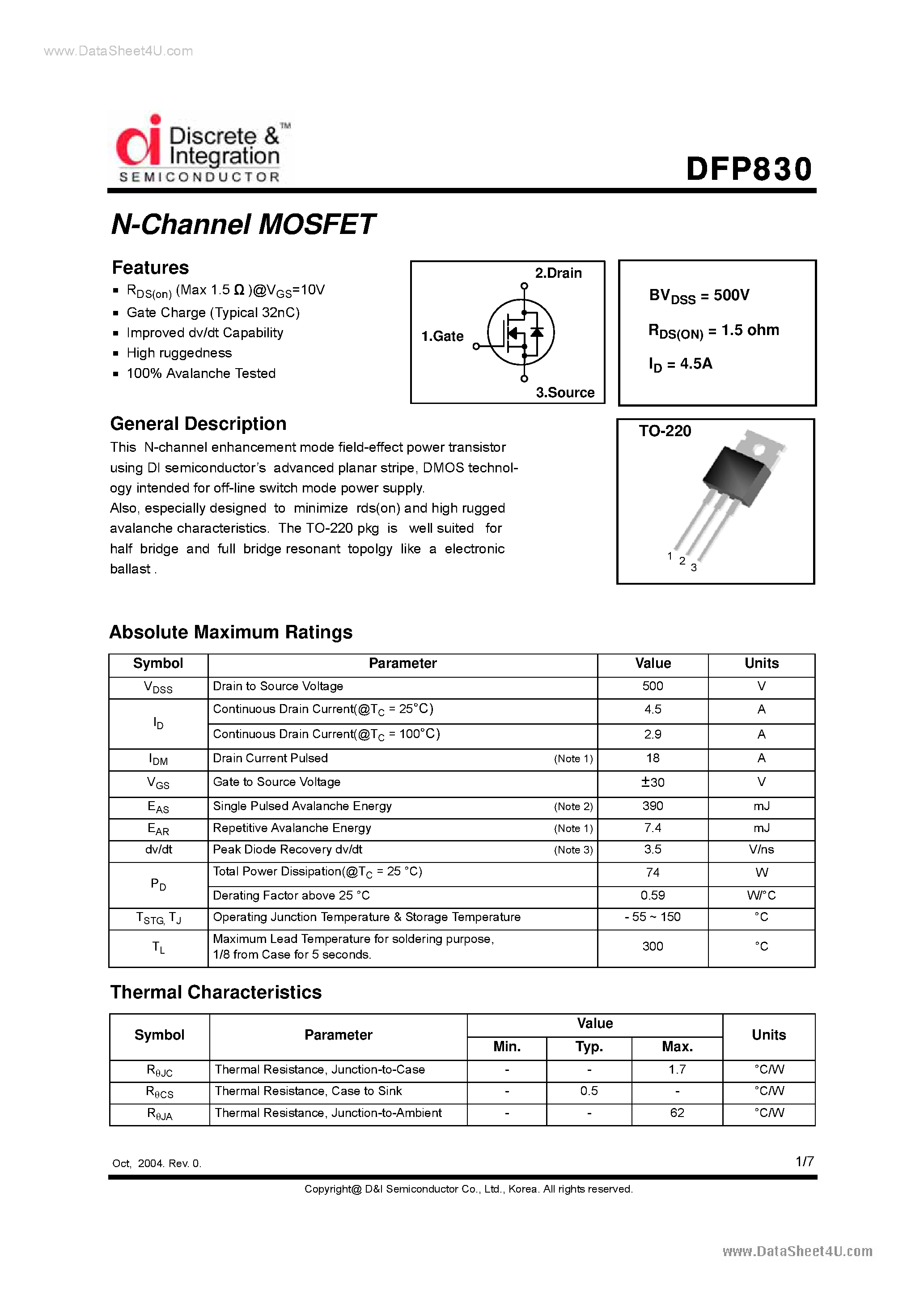 Datasheet DFP830 - N-Channel MOSFET page 1
