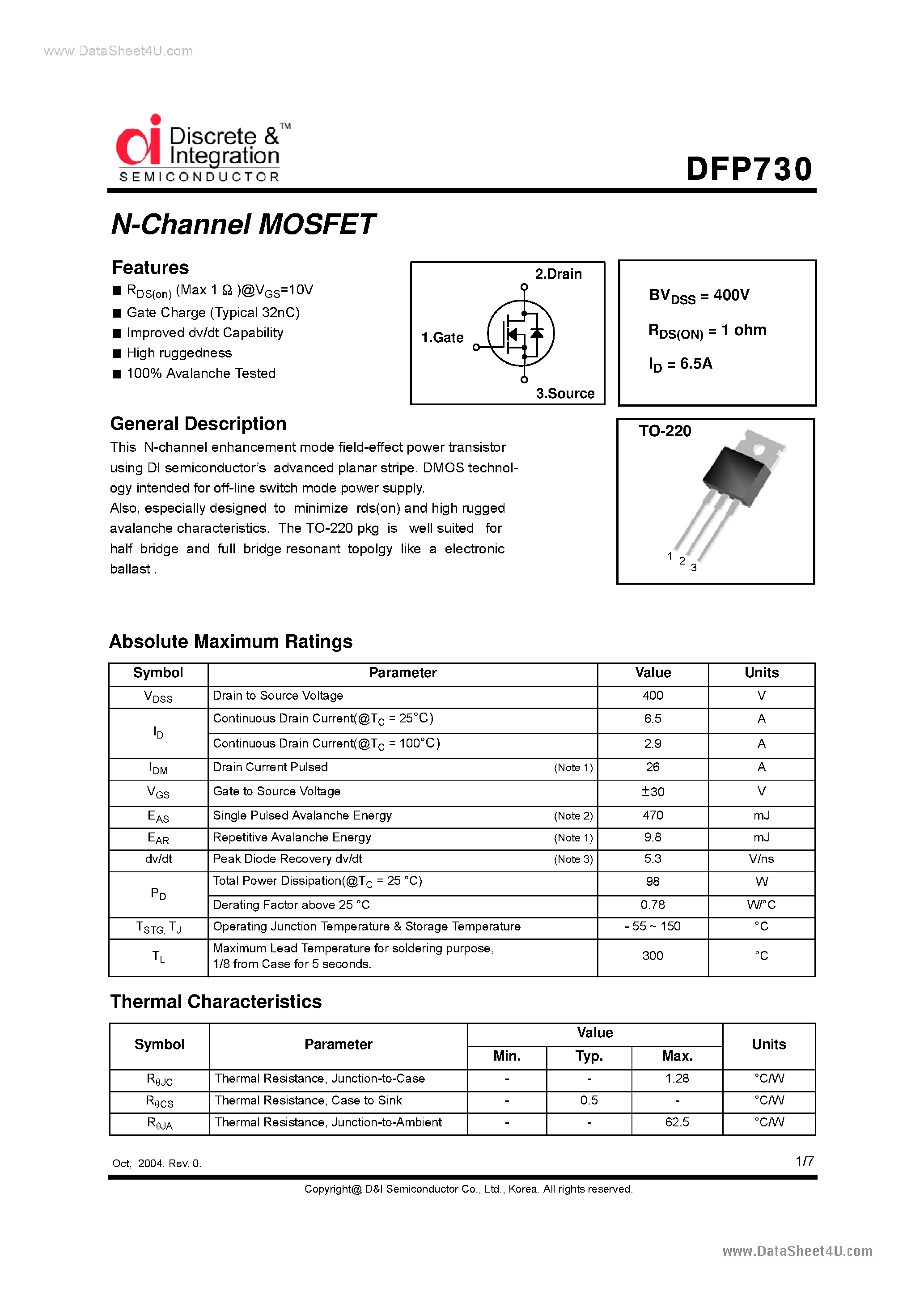 Datasheet DFP730 - N-Channel MOSFET page 1