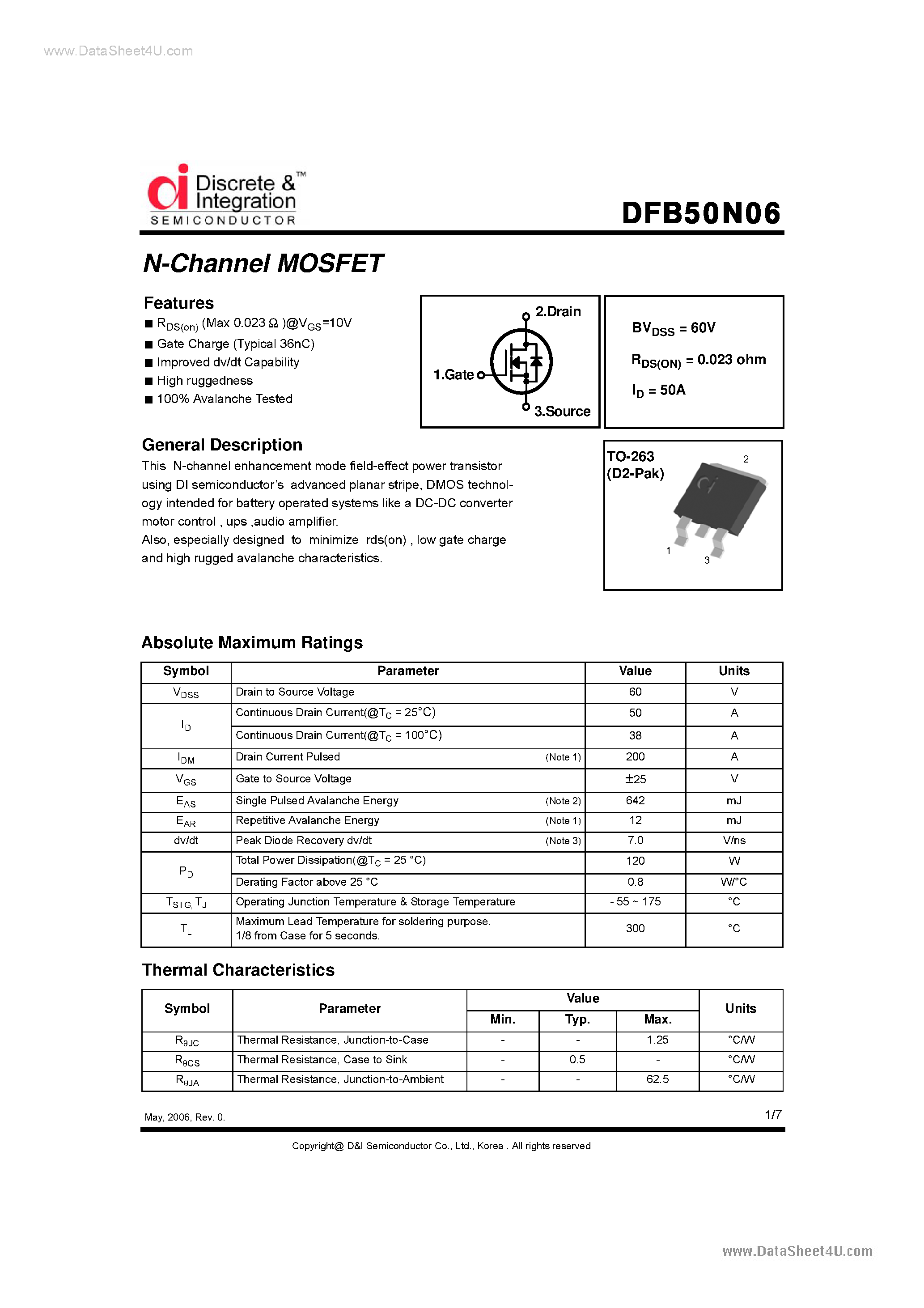 Datasheet DFB50N06 - N-Channel MOSFET page 1