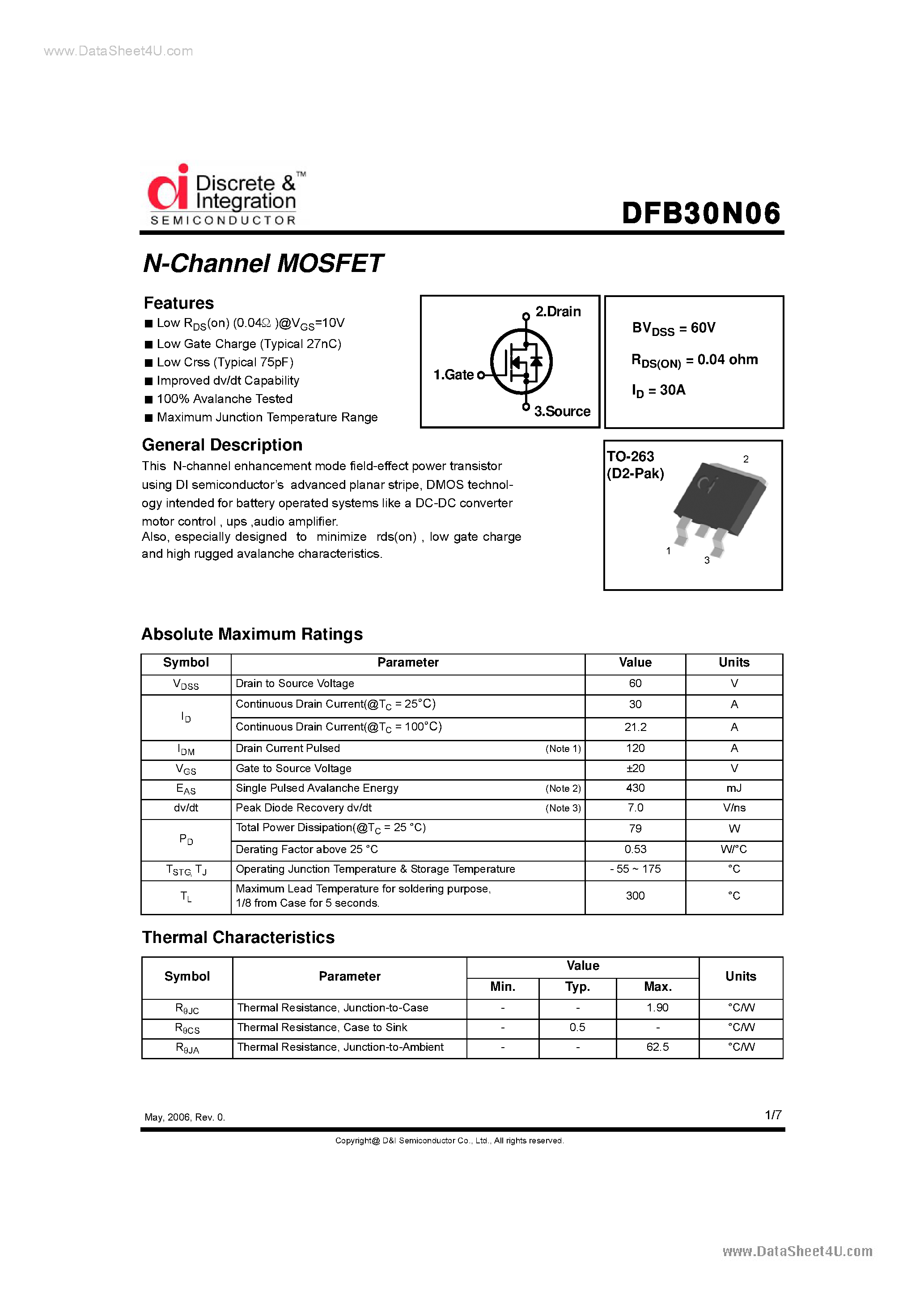 Datasheet DFB30N06 - N-Channel MOSFET page 1