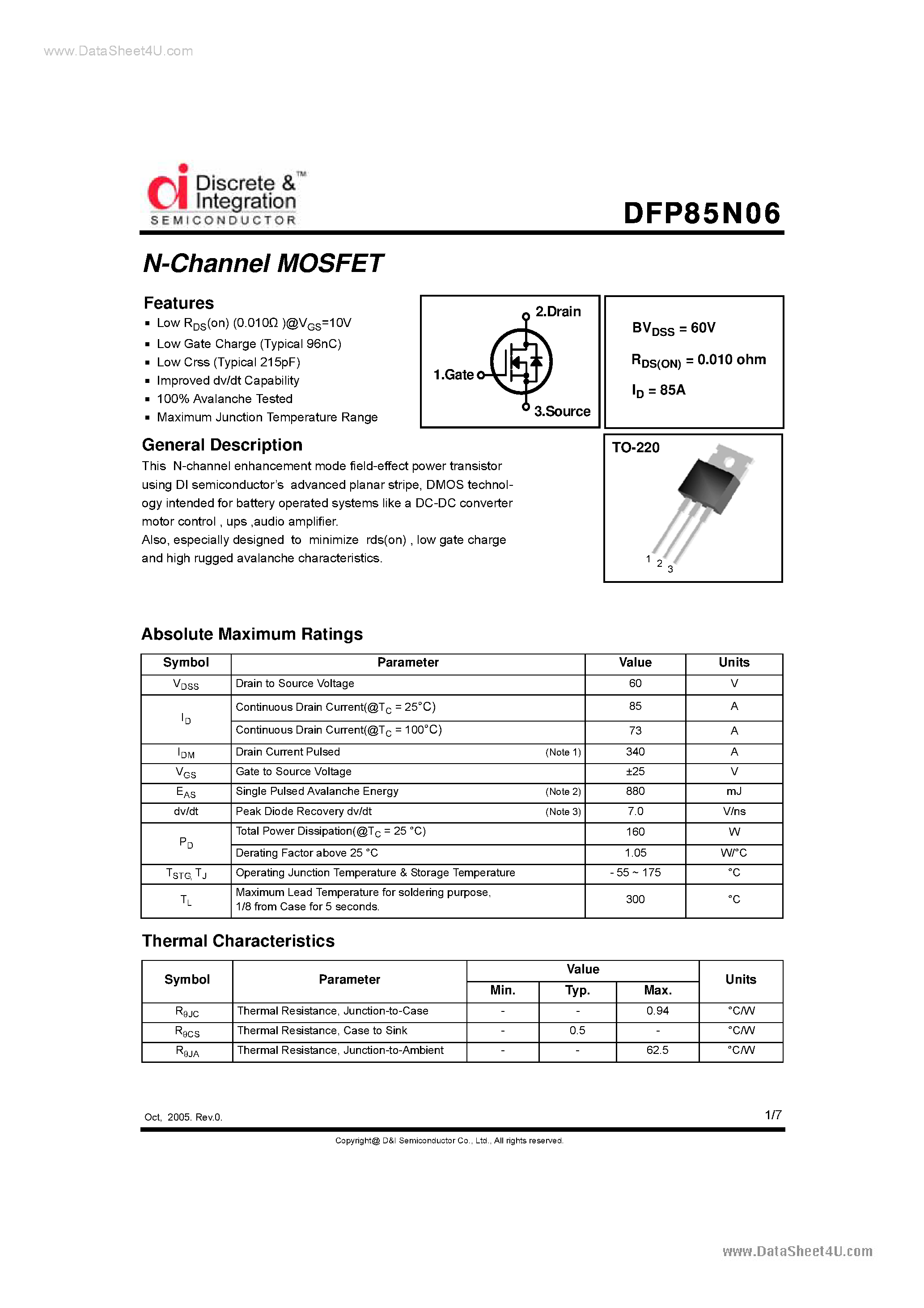 Datasheet DFP85N06 - N-Channel MOSFET page 1