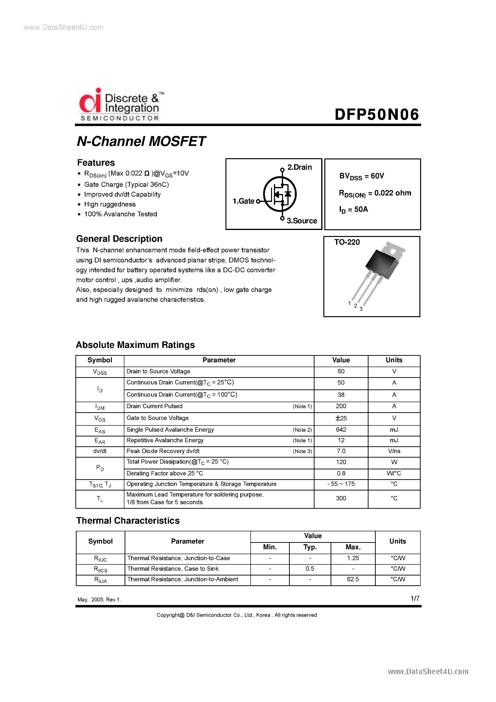 Даташит DFP50N06 - N-Channel MOSFET страница 1
