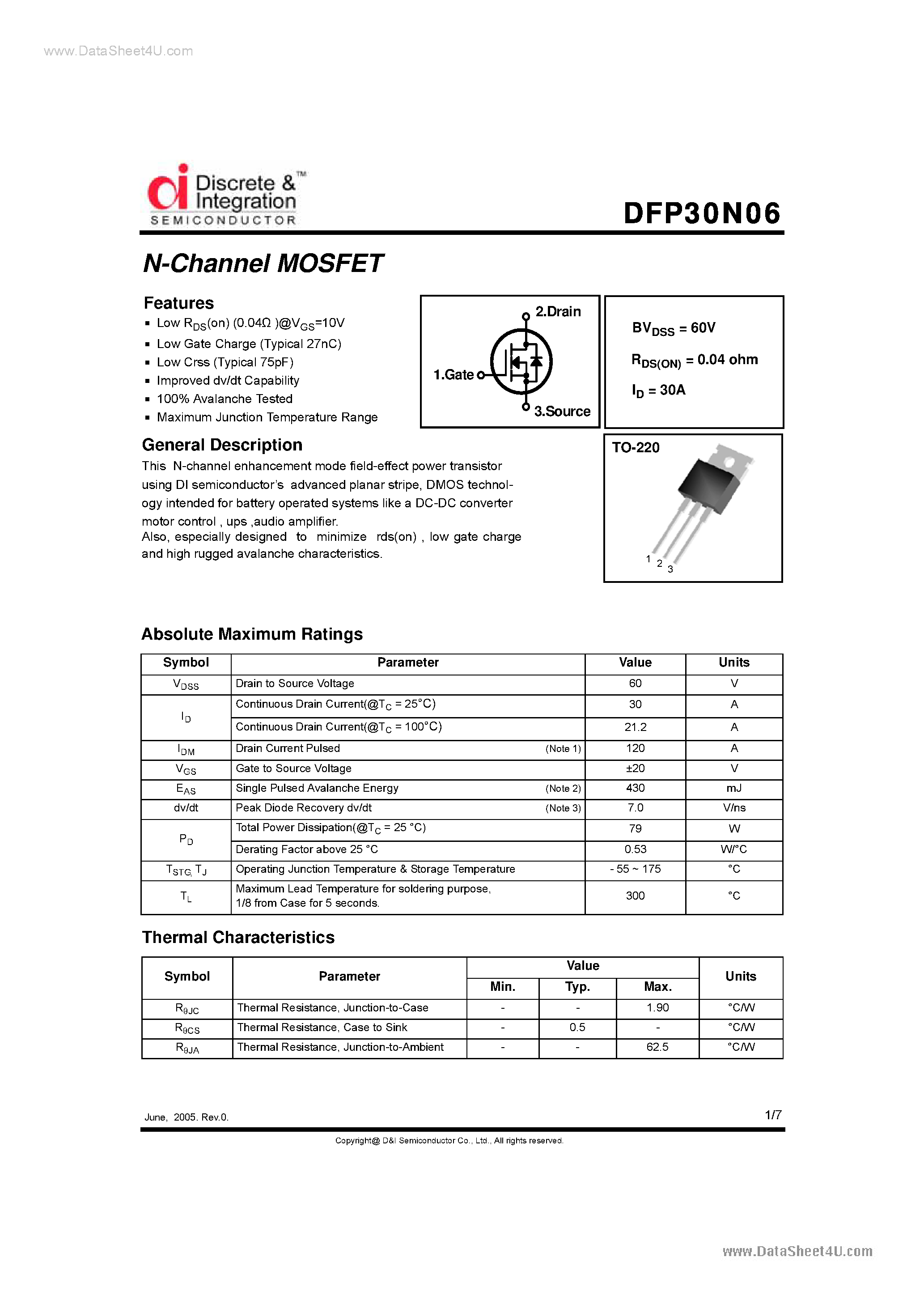 Datasheet DFP30N06 - N-Channel MOSFET page 1