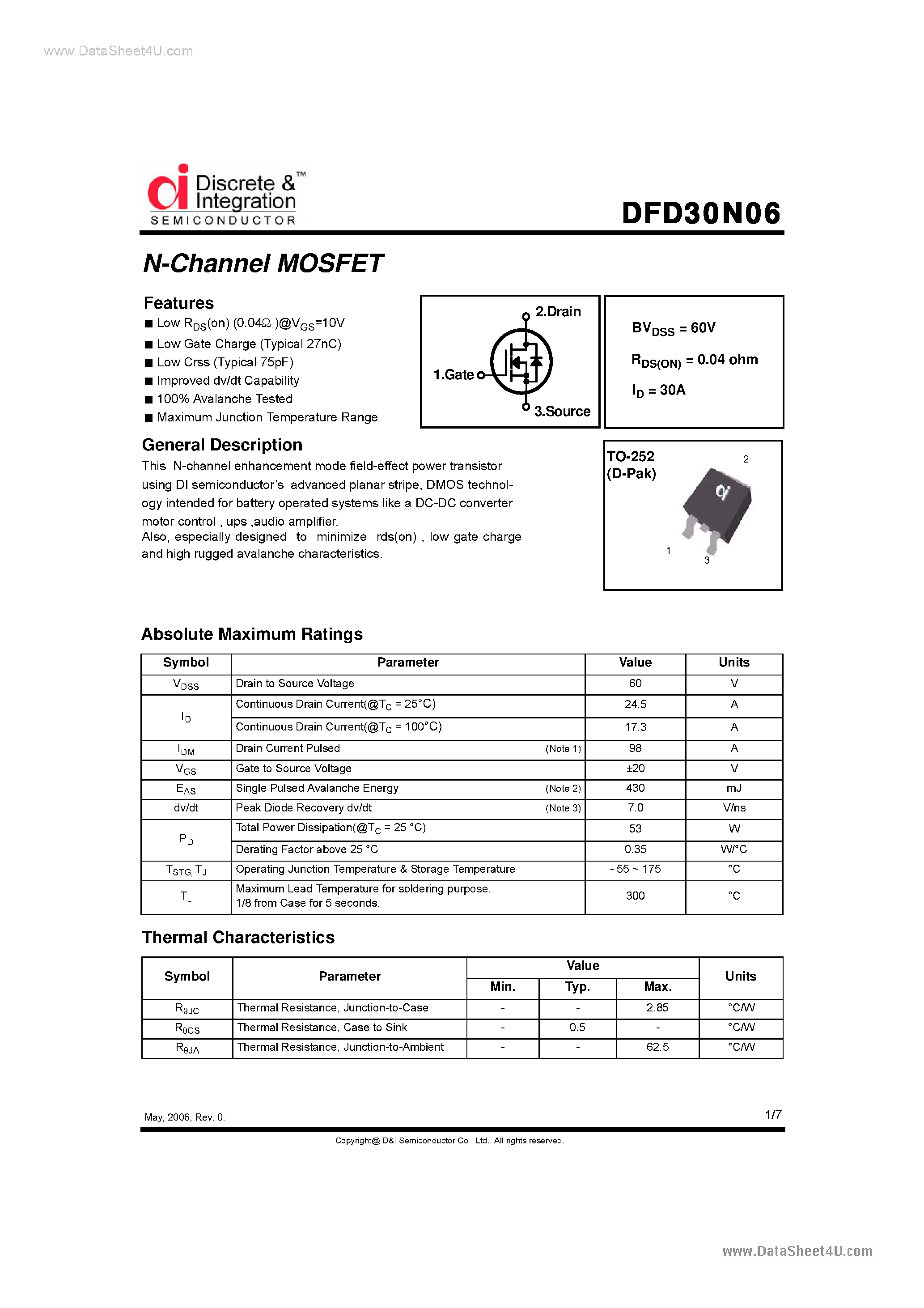 Datasheet DFD30N06 - N-Channel MOSFET page 1