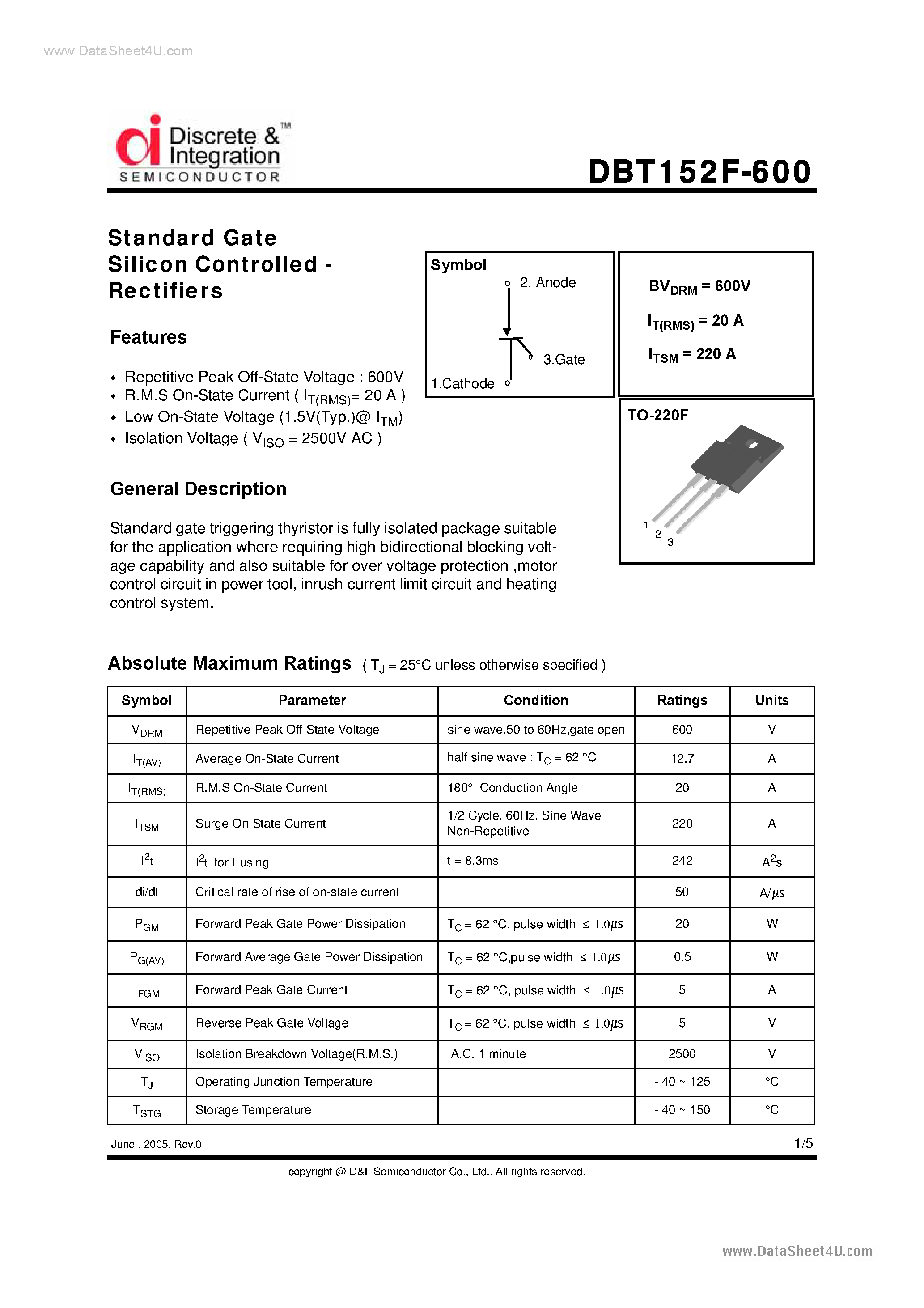 Даташит на микросхему DBT152F-600 страница 1 Даташит DBT152F-600 - Standard Gate SCR страница 1