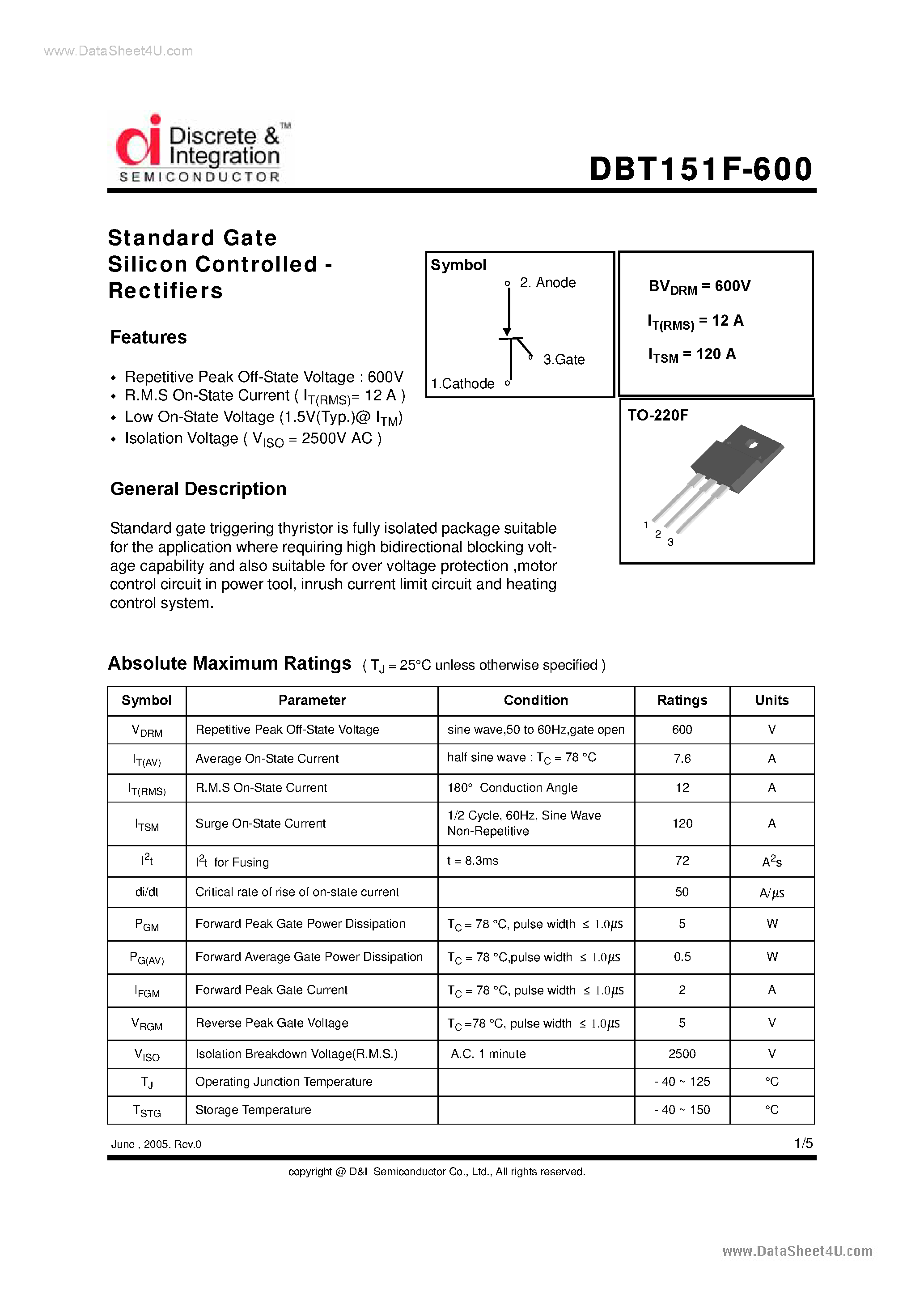 Даташит на микросхему DBT151F-600 страница 1 Даташит DBT151F-600 - Standard Gate SCR страница 1