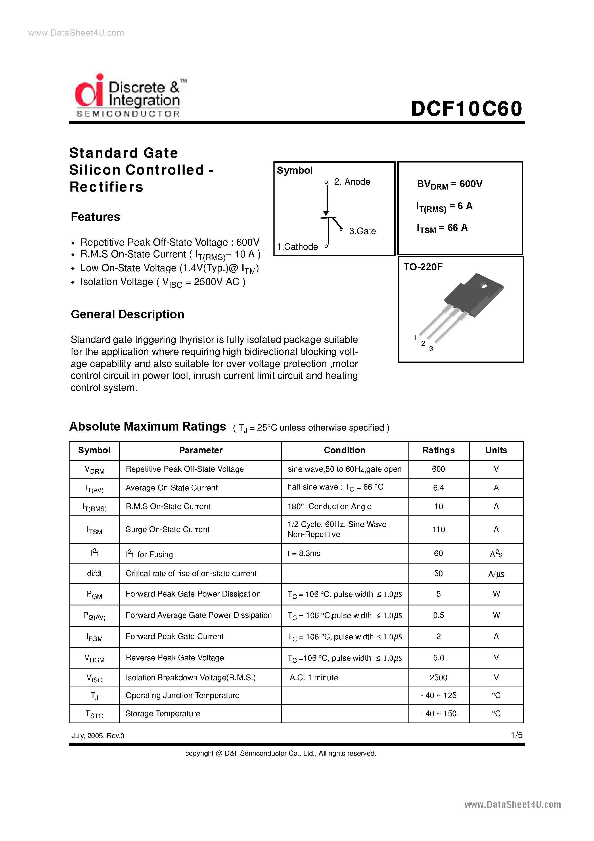 Даташит DCF10C60 - Standard Gate SCR страница 1