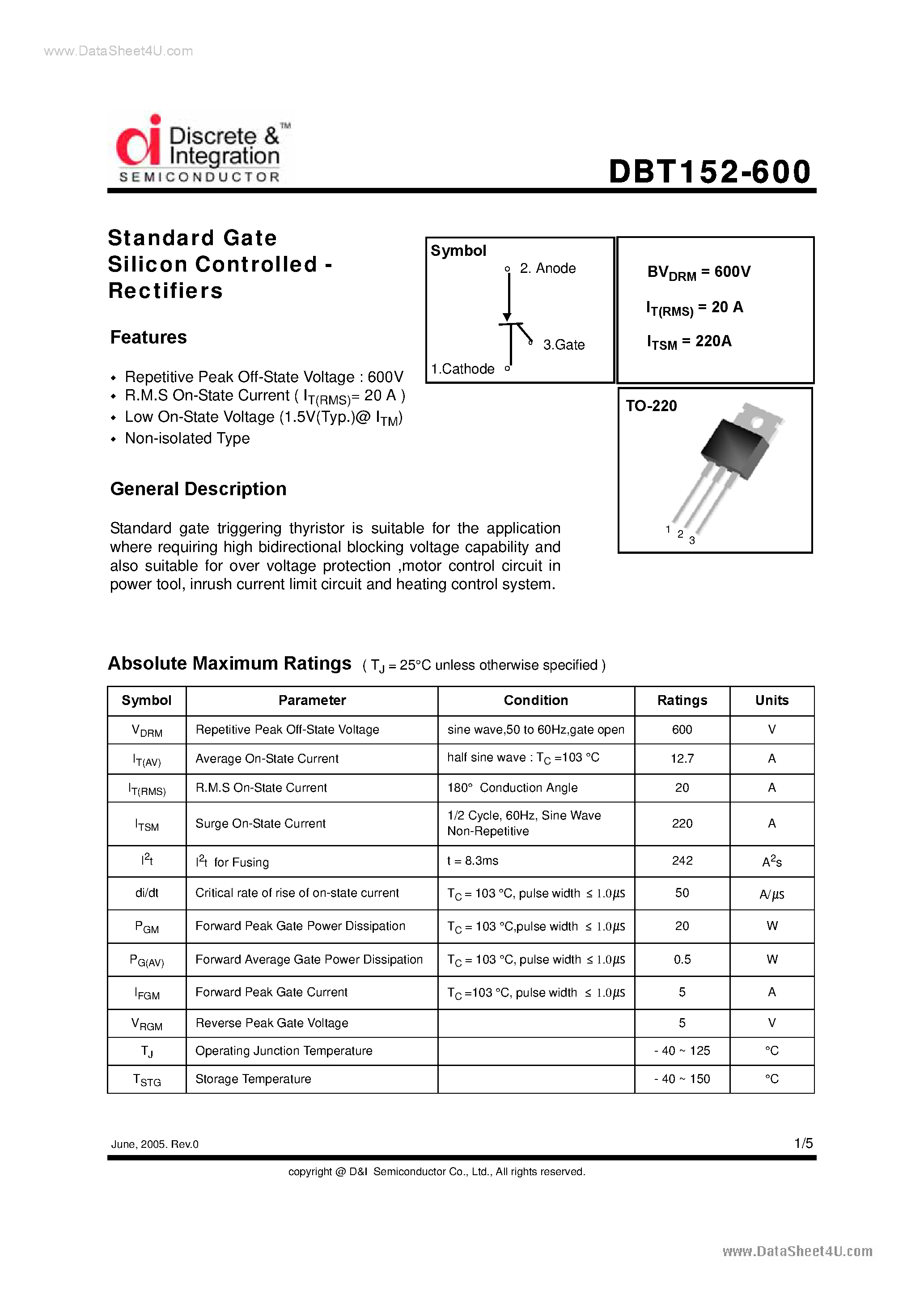 Даташит DBT152-600 - Standard Gate SCR страница 1