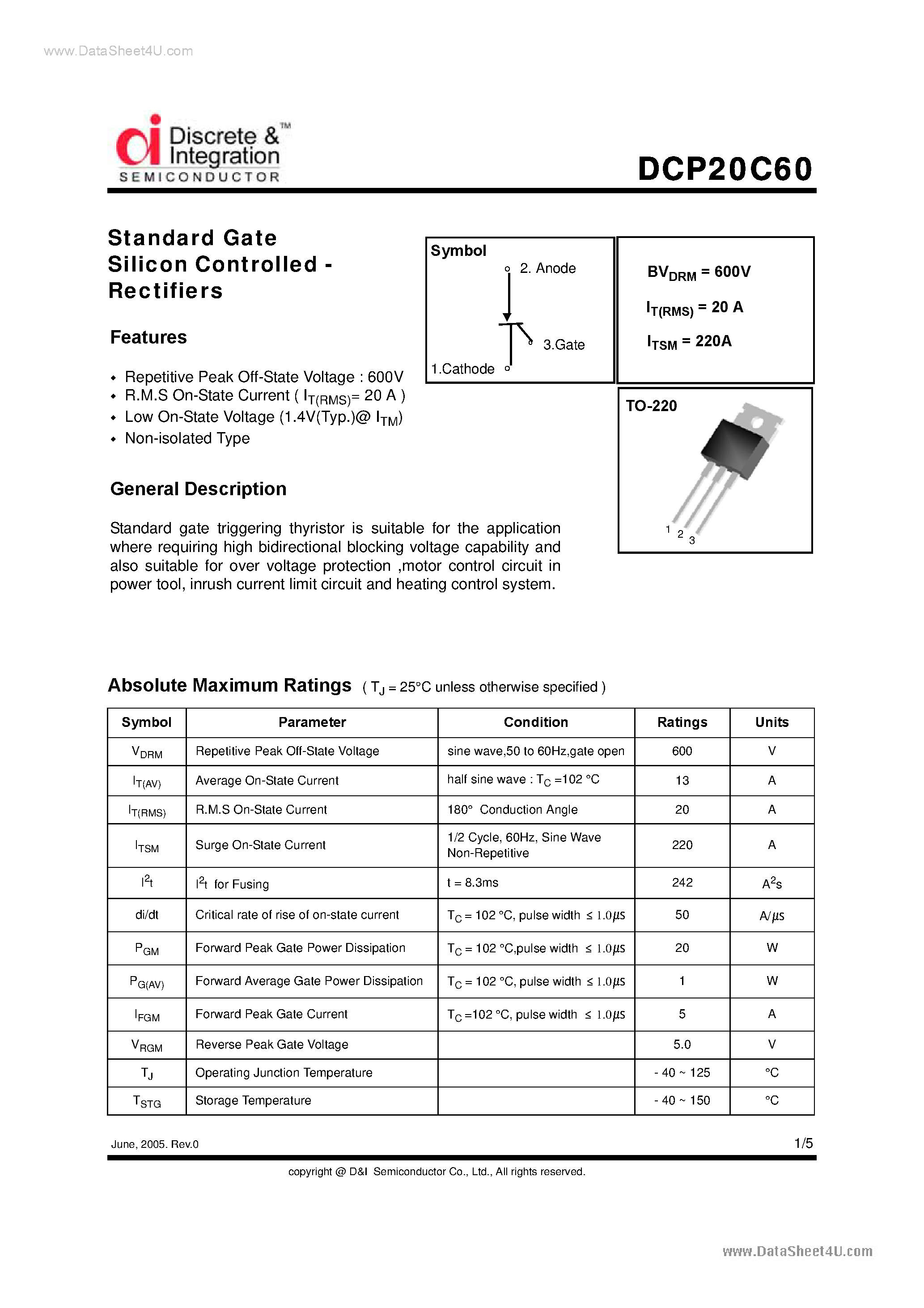 Даташит DCP20C60 - Standard Gate SCR страница 1