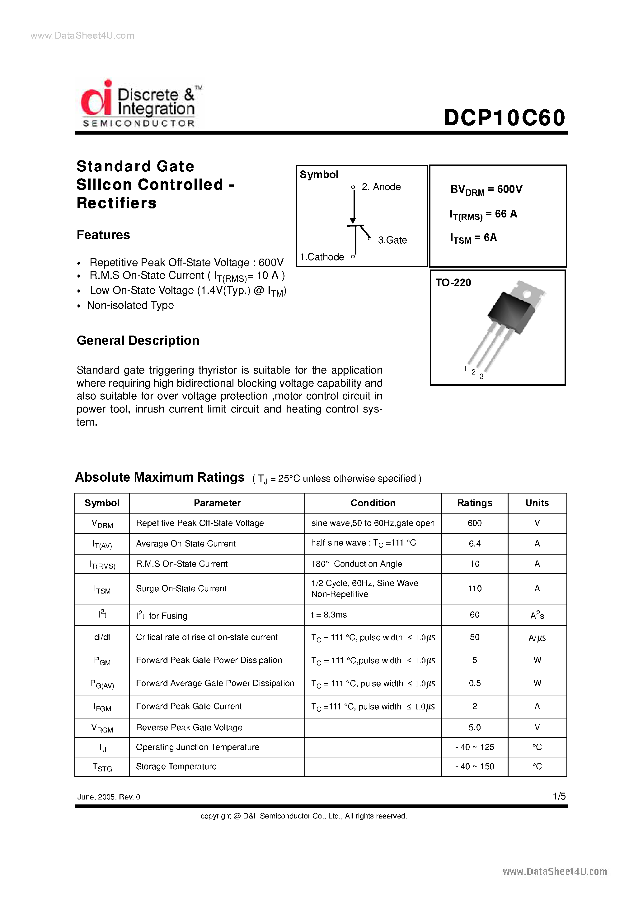 Даташит DCP10C60 - Standard Gate SCR страница 1