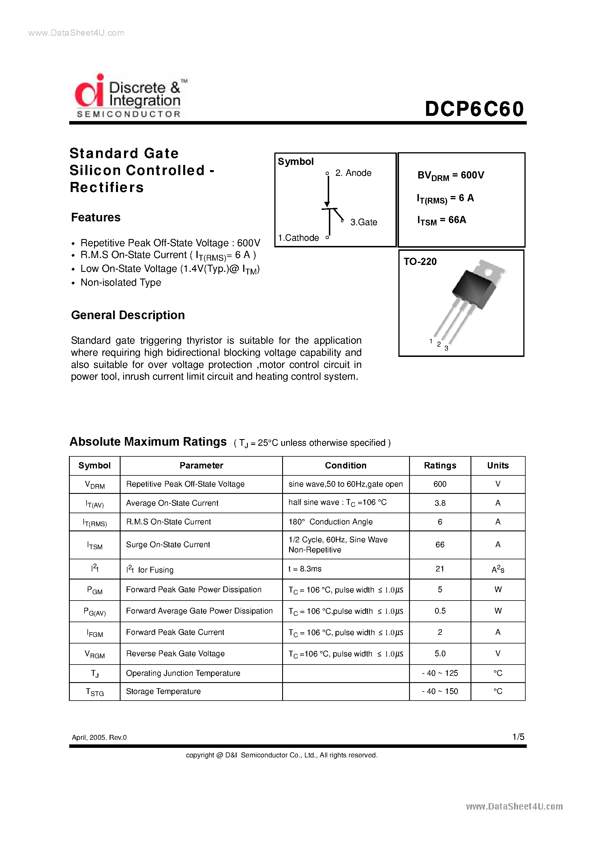 Даташит DCP6C60 - Standard Gate SCR страница 1