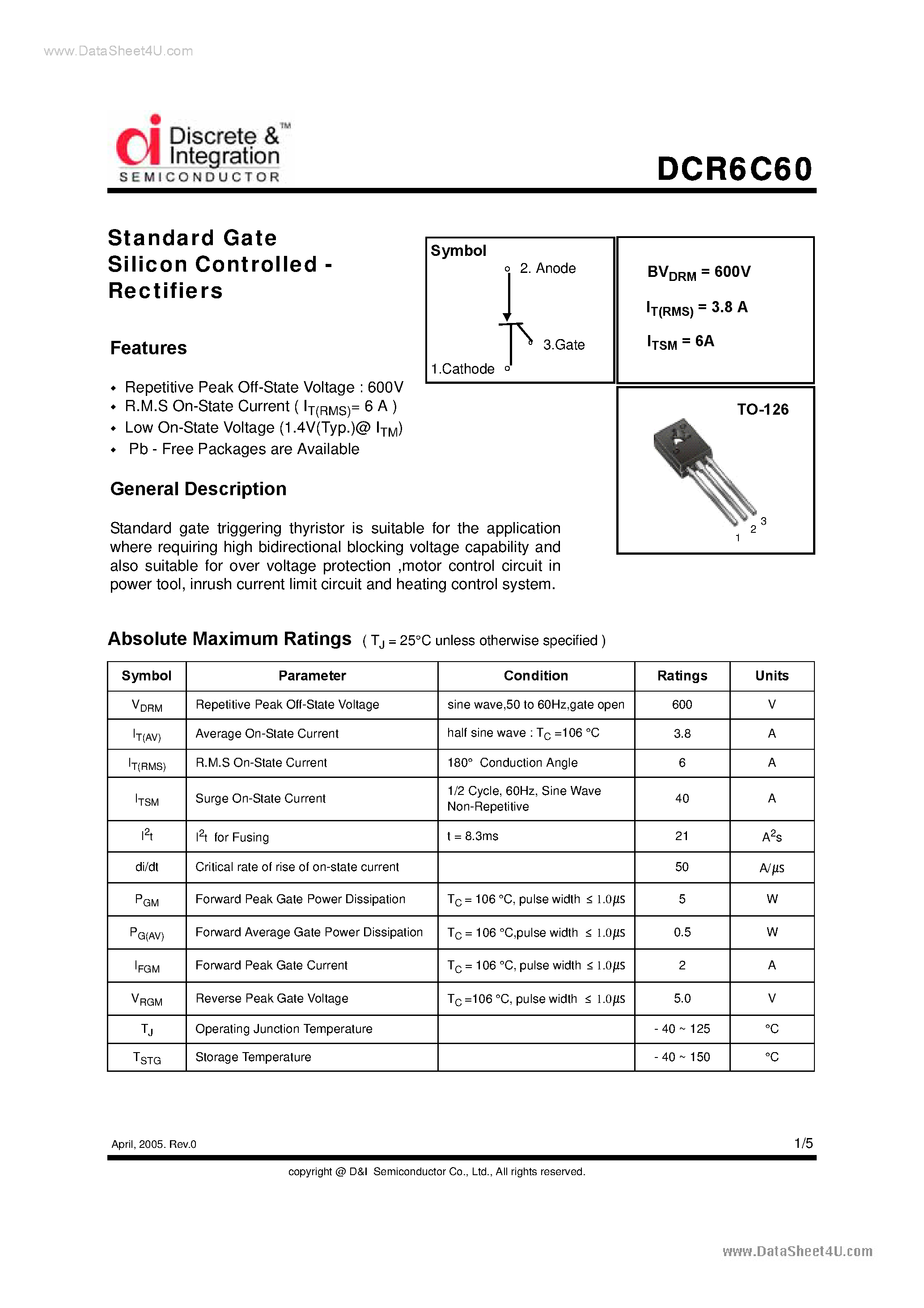 Даташит на микросхему DCR6C60 страница 1 Даташит DCR6C60 - Standard Gate SCR страница 1