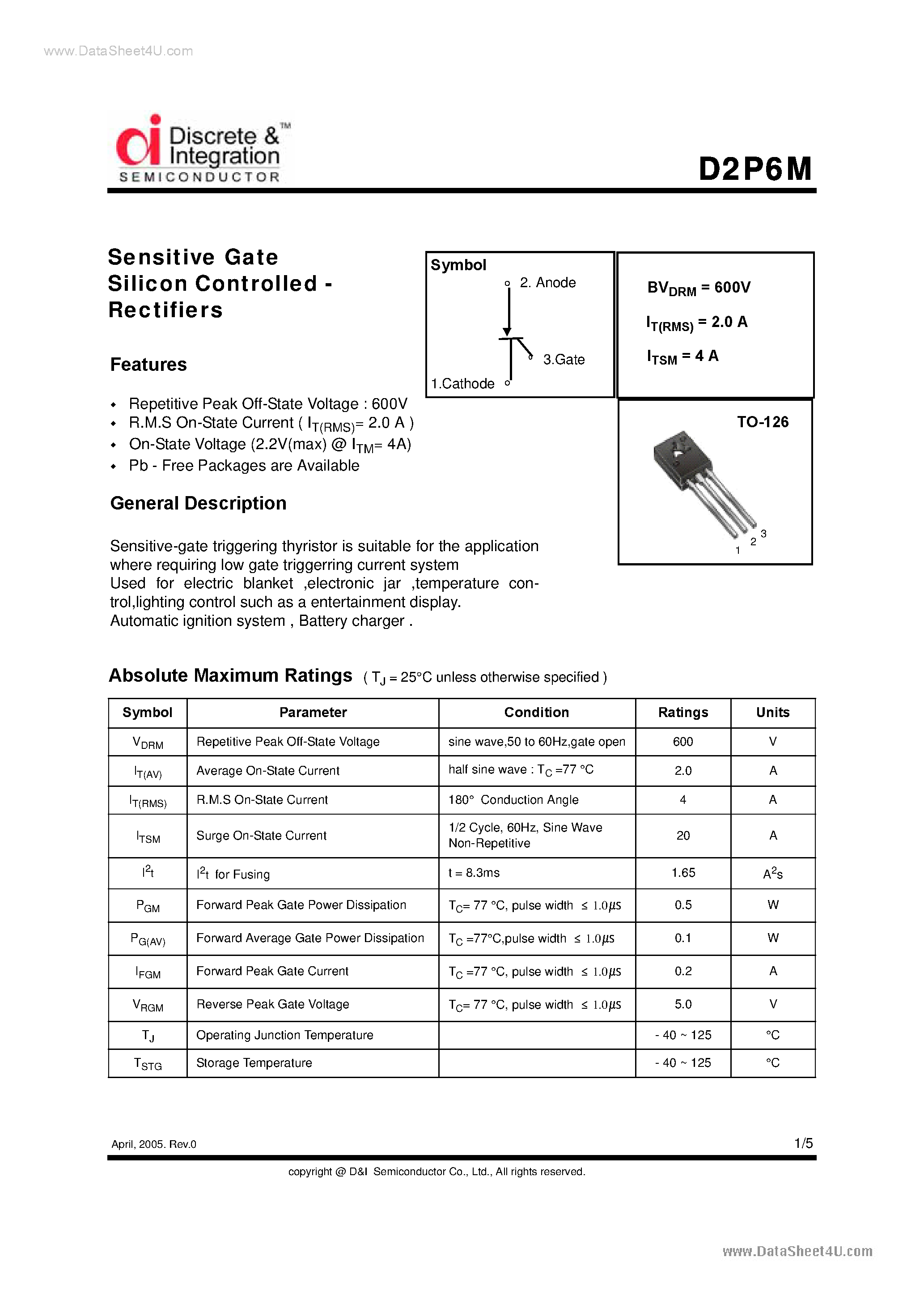 Даташит на микросхему D2P6M страница 1 Даташит D2P6M - Standard Gate SCR страница 1