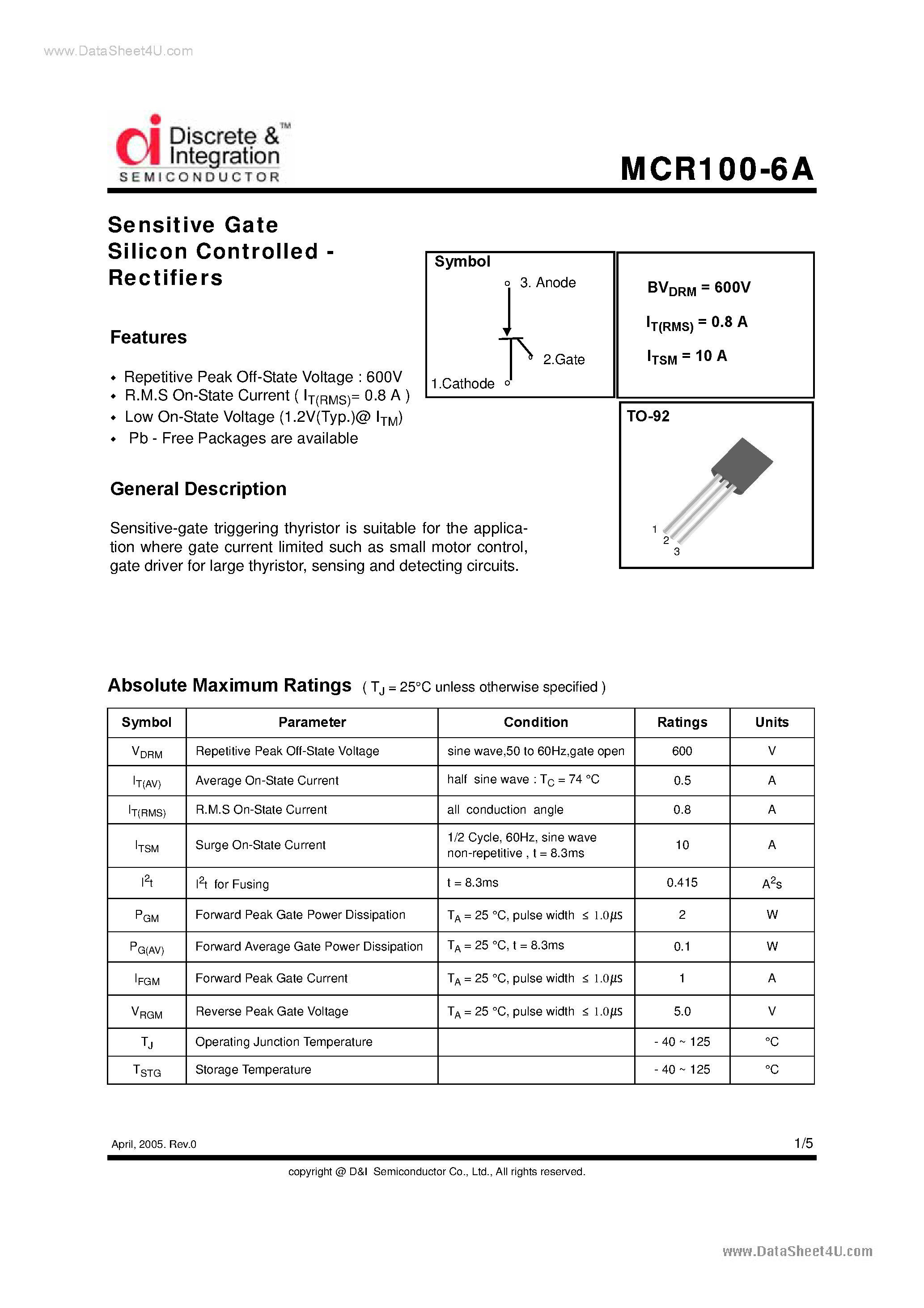 Даташит MCR100-6A - Standard Gate SCR страница 1